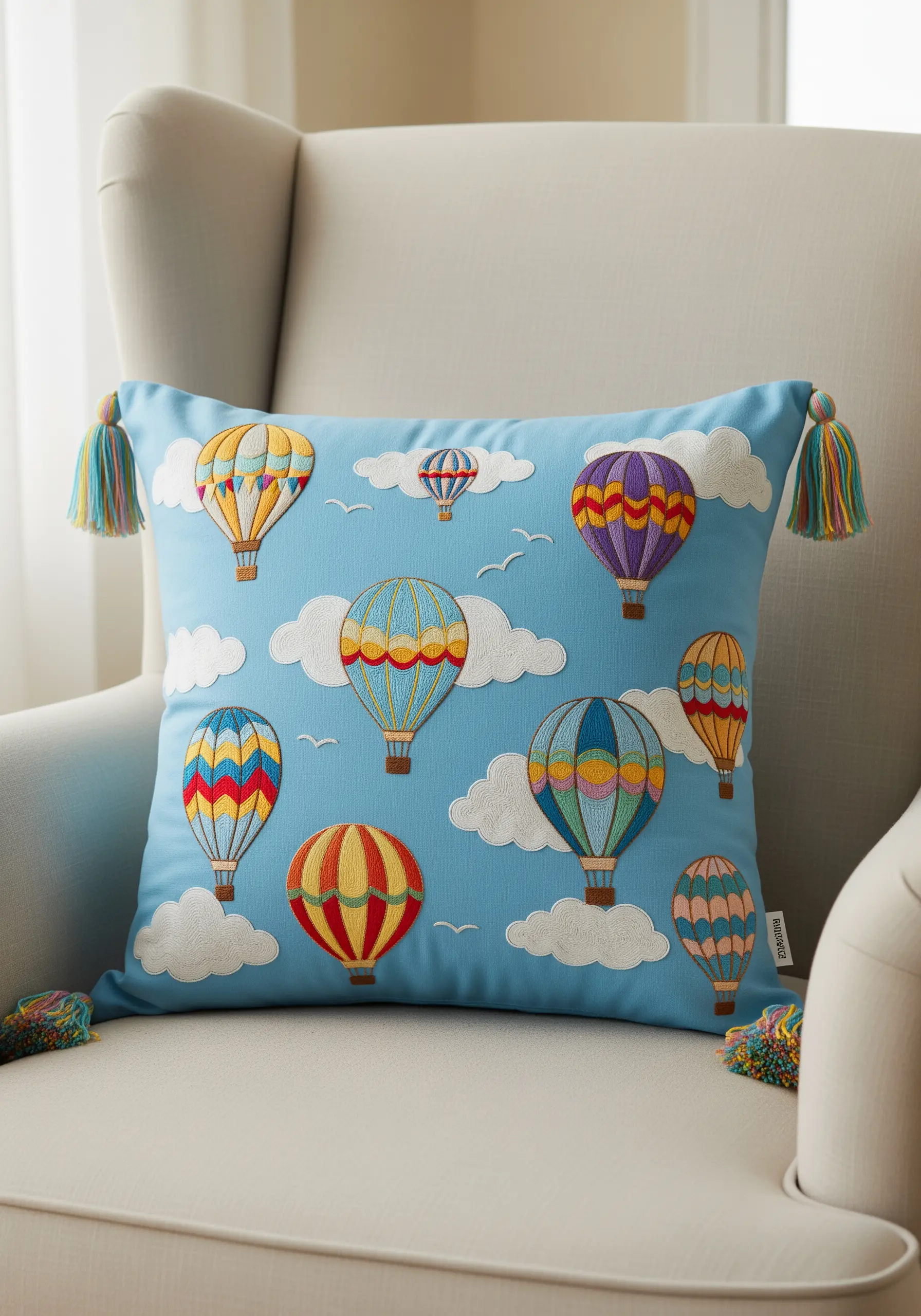 Colorful hot air balloons embroidered on a blue cushion with appliqué clouds.