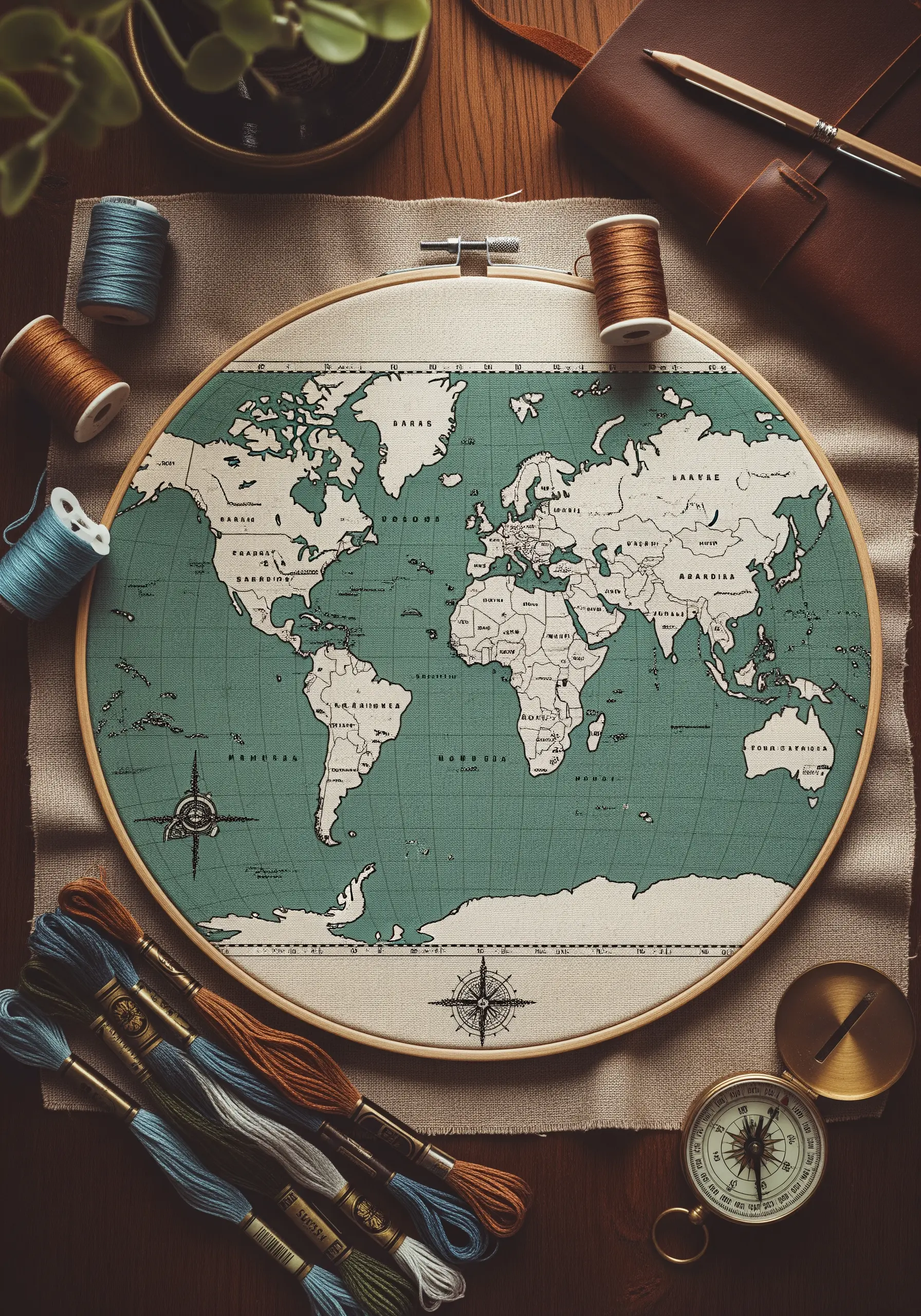 A detailed world map embroidered onto teal fabric, showcasing fine linework and lettering.