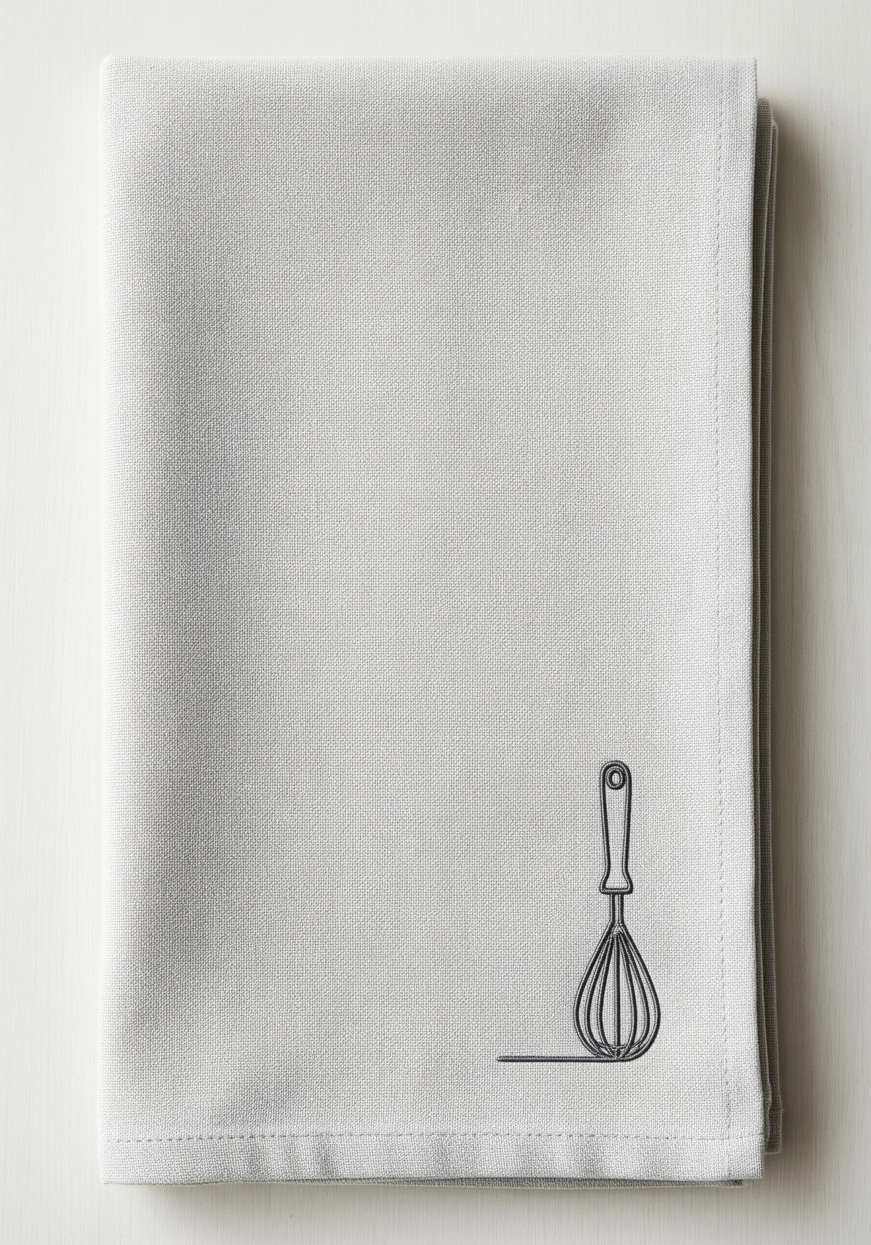 A delicate blackwork embroidery of a kitchen whisk in the corner of a gray linen towel.