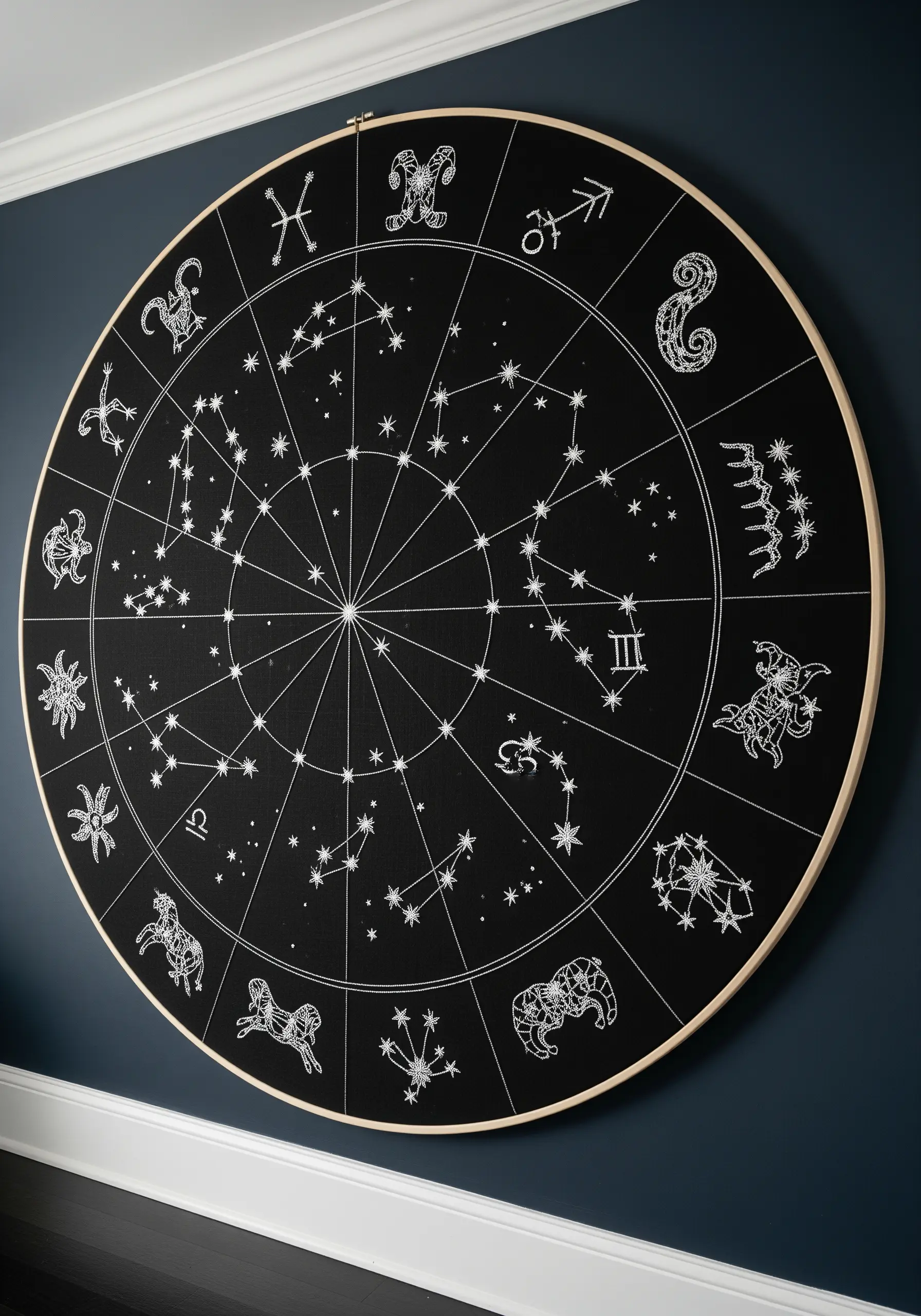 Large-scale hoop art of a zodiac chart with constellations stitched in white on black fabric.