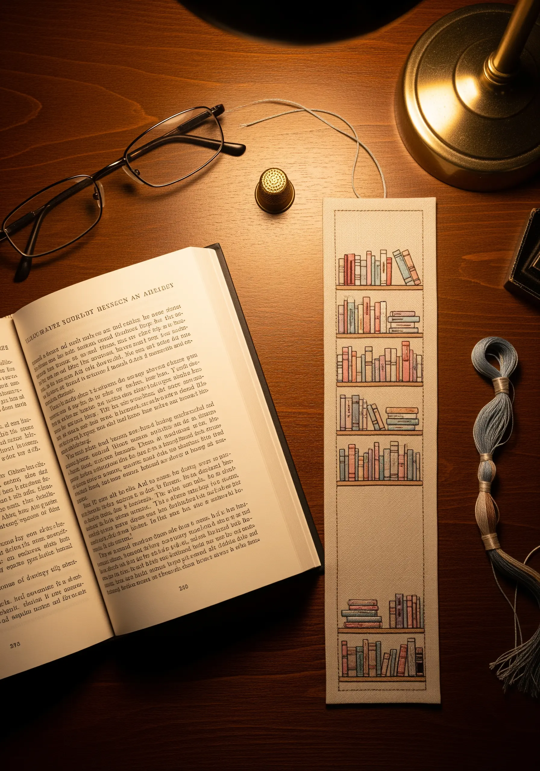 An embroidered bookmark with tiny, colorful bookshelves stitched in neat lines