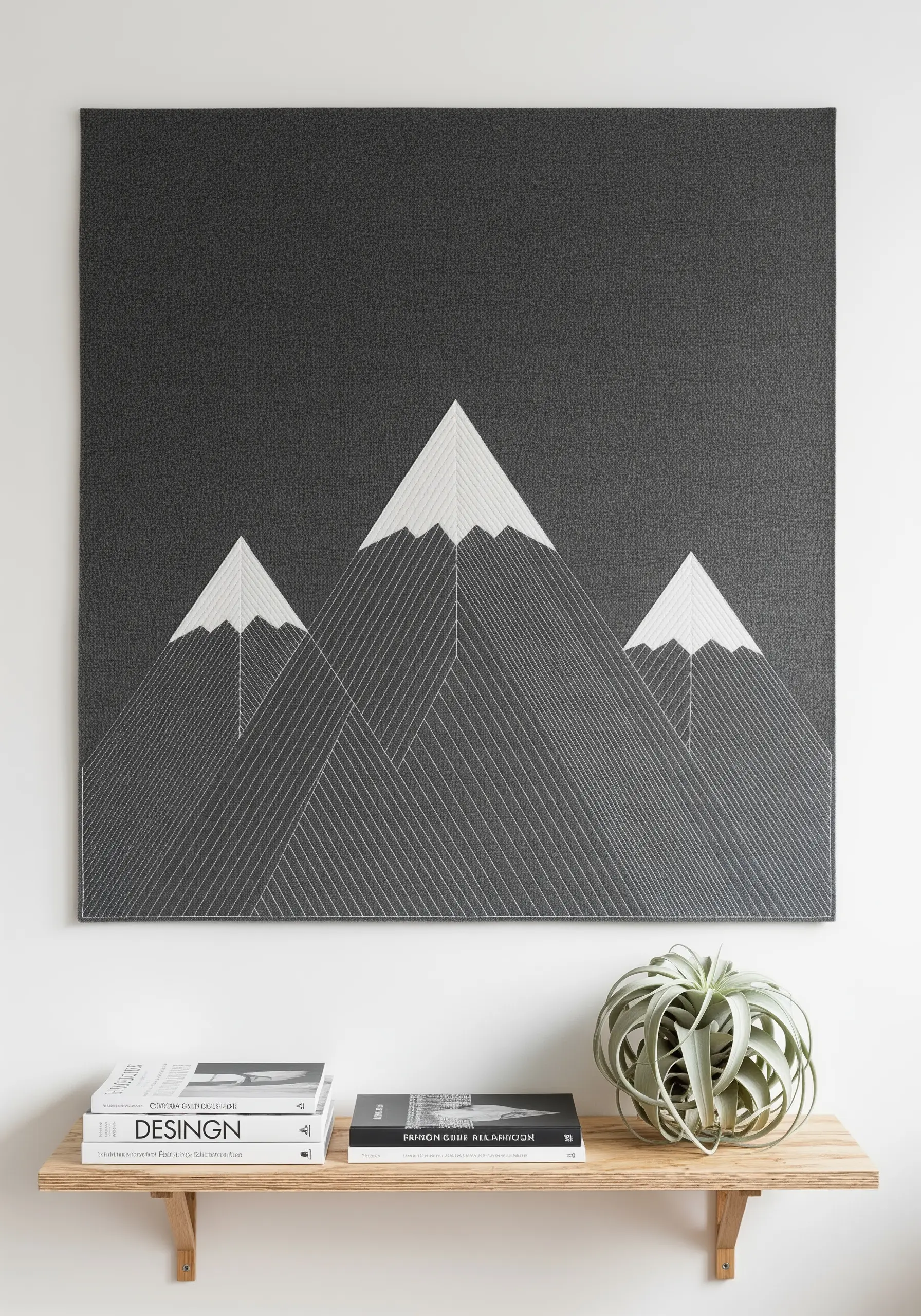 Monochromatic mountain range created with precise, parallel white thread on dark gray fabric.