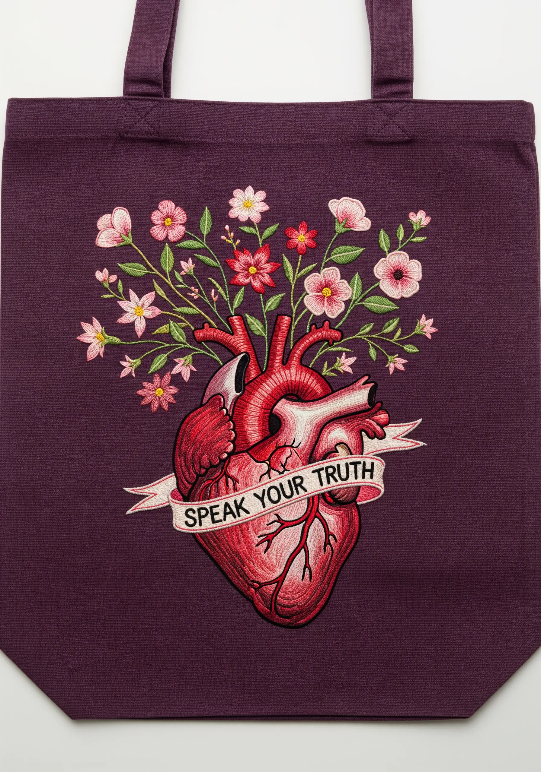 Anatomical heart embroidery with flowers growing from the top and a 'Speak Your Truth' banner.