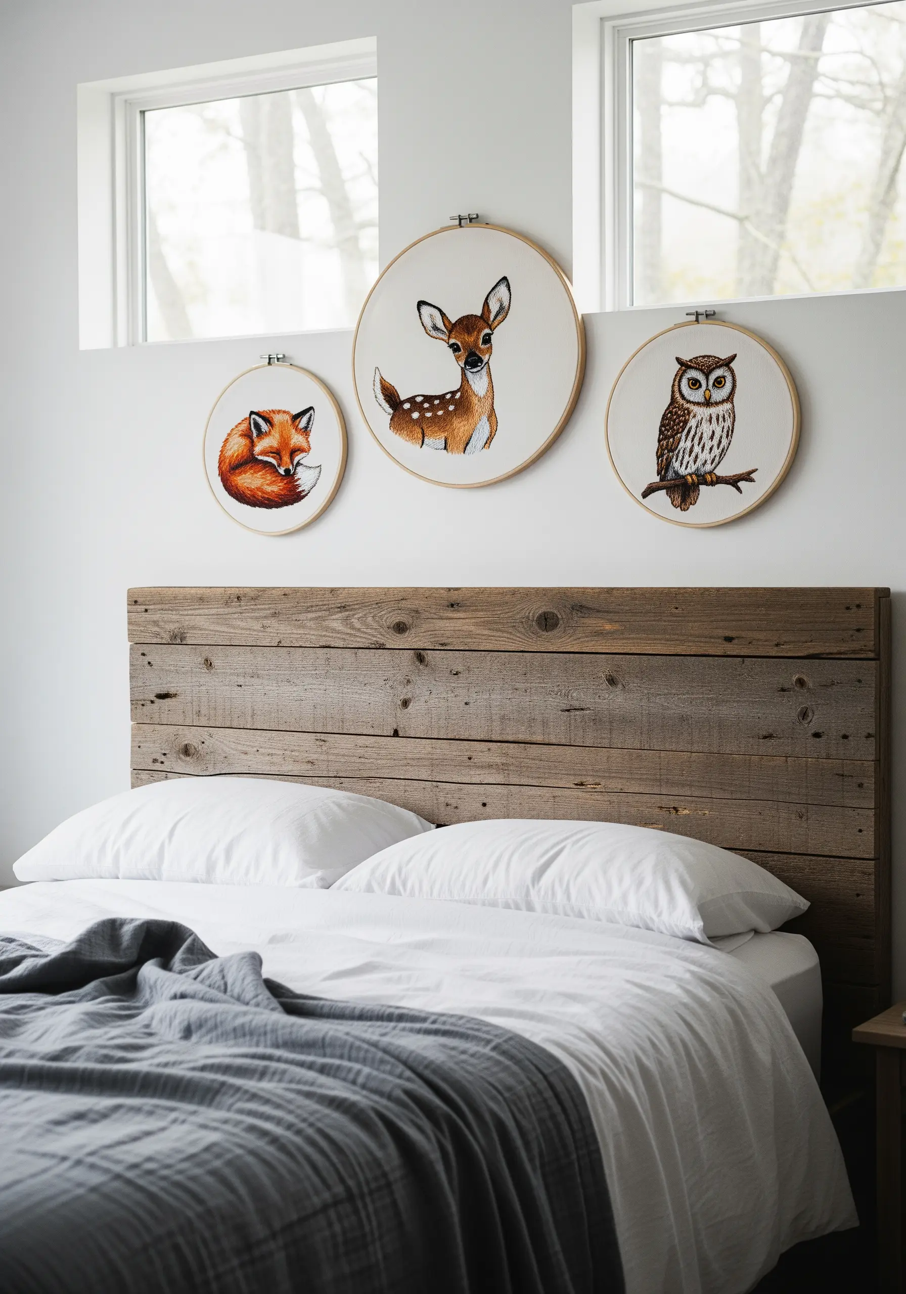 A set of three embroidery hoops featuring thread-painted woodland animals: a fox, a deer, and an owl.
