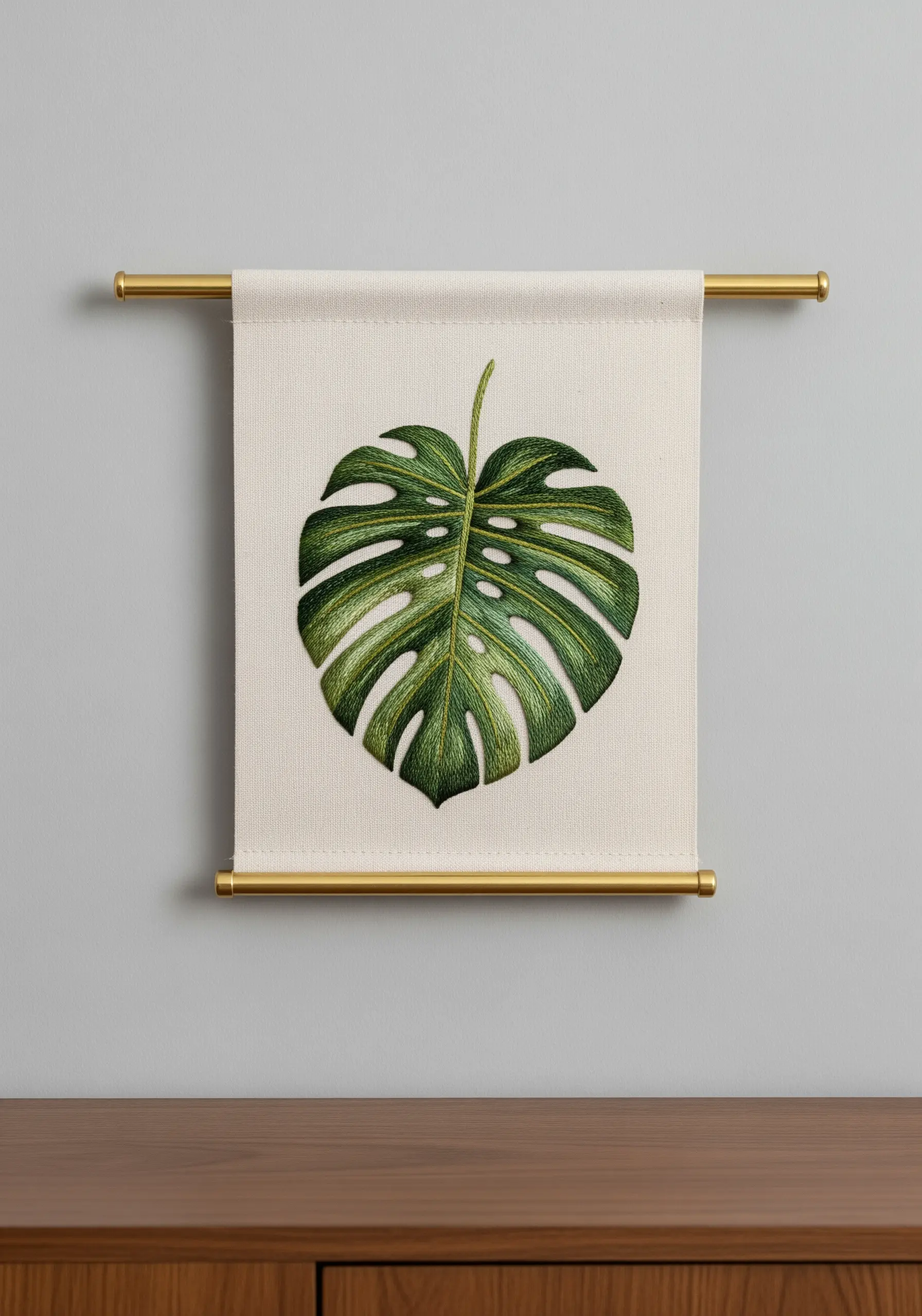 A detailed thread-painted monstera leaf on a canvas wall hanging with brass rods.