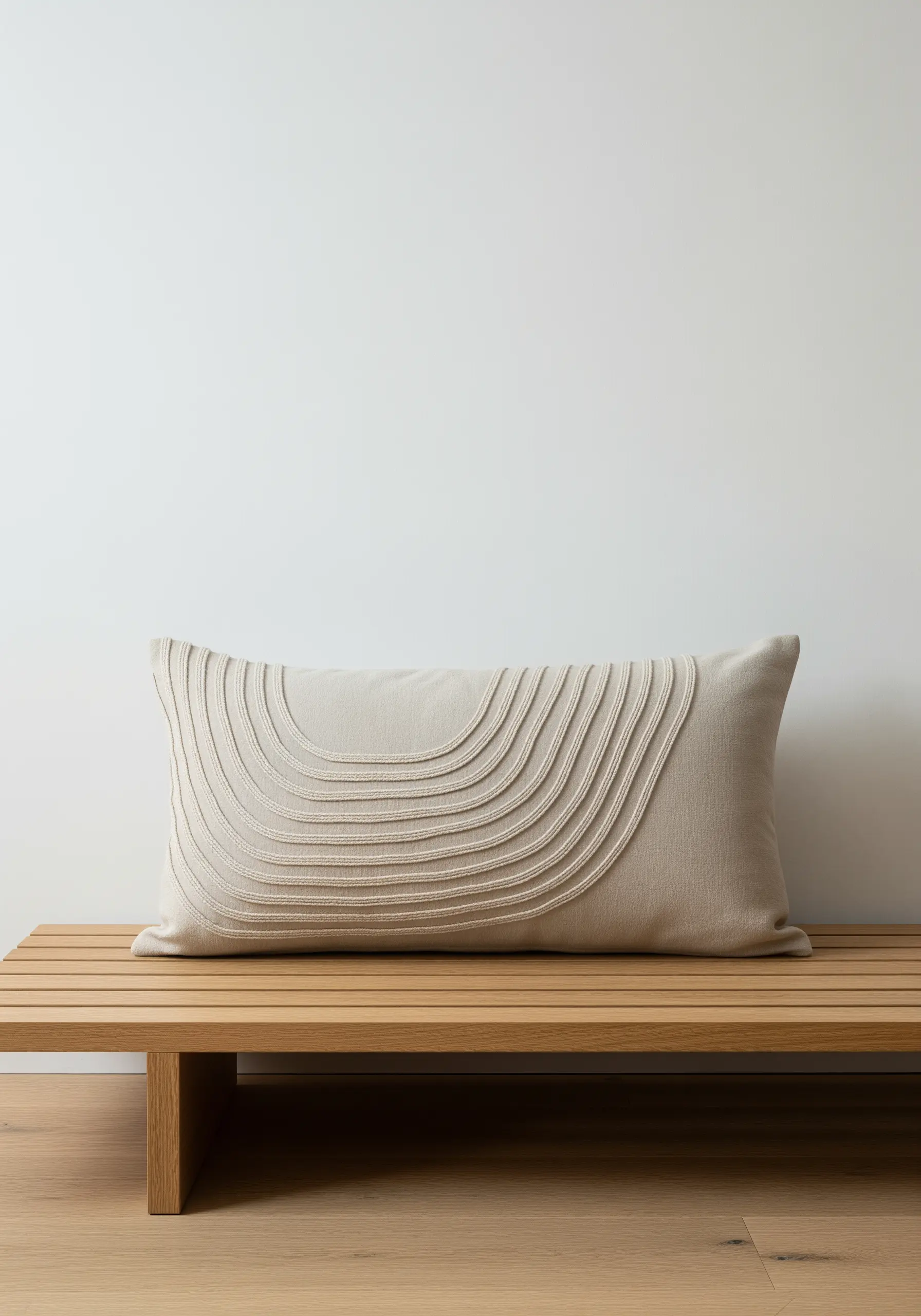 A neutral lumbar pillow with raised, curving lines created with padded satin stitch.