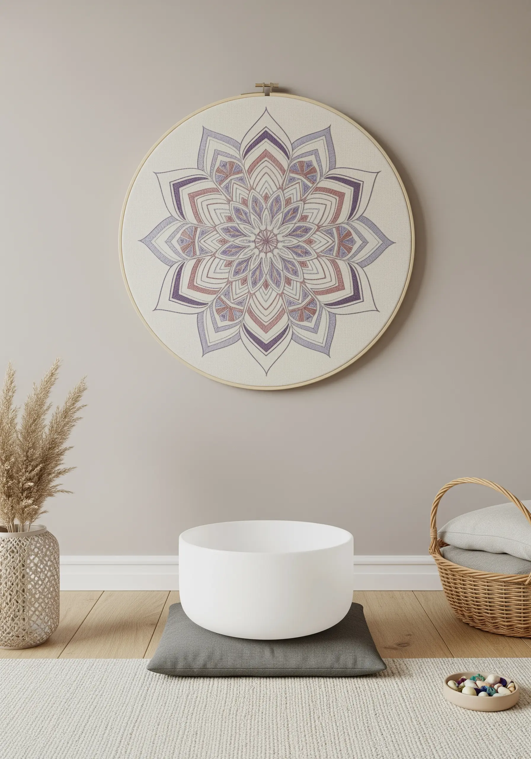 A large, intricate mandala stitched in soft purple and mauve tones.