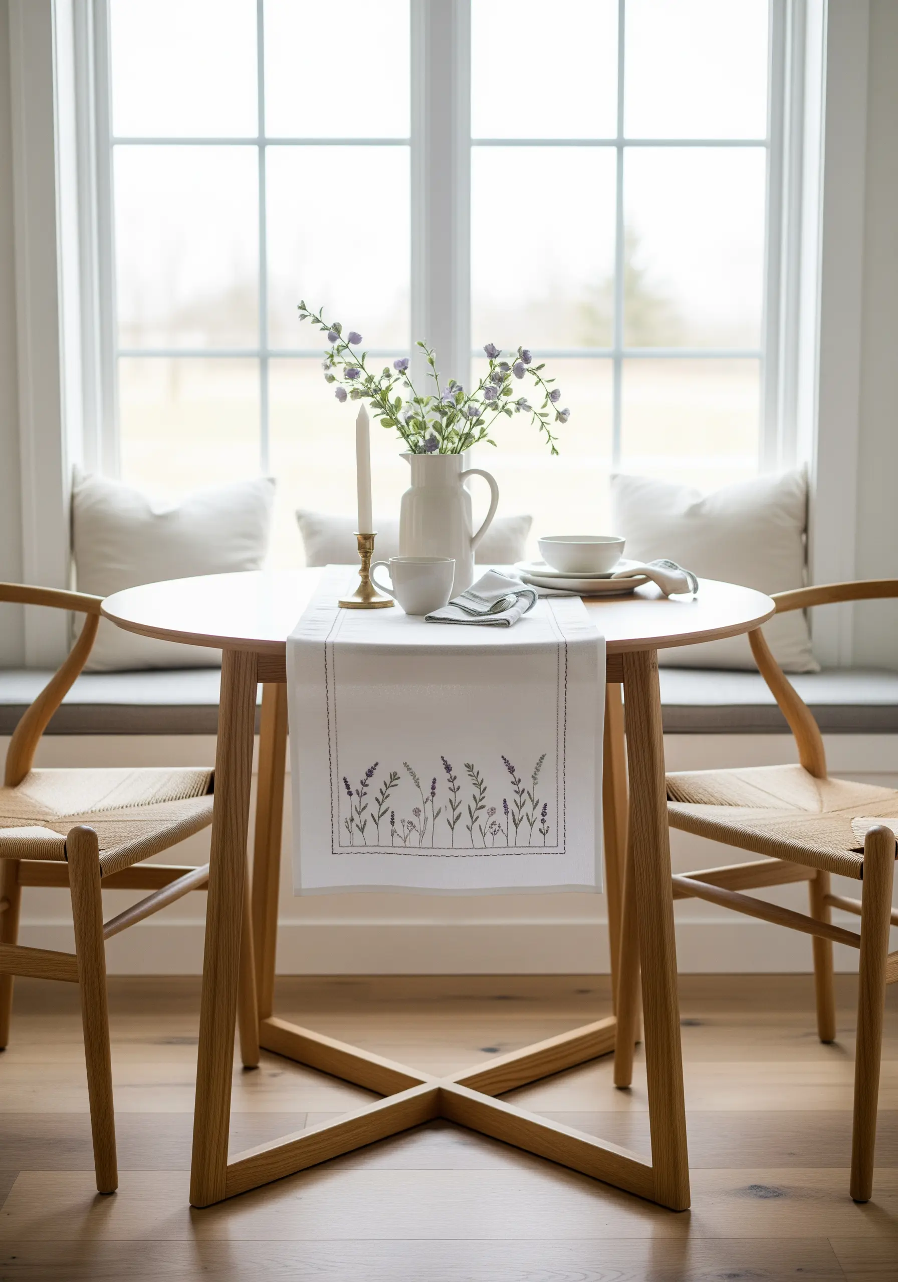 Minimalist lavender and wildflower embroidery on a white linen table runner