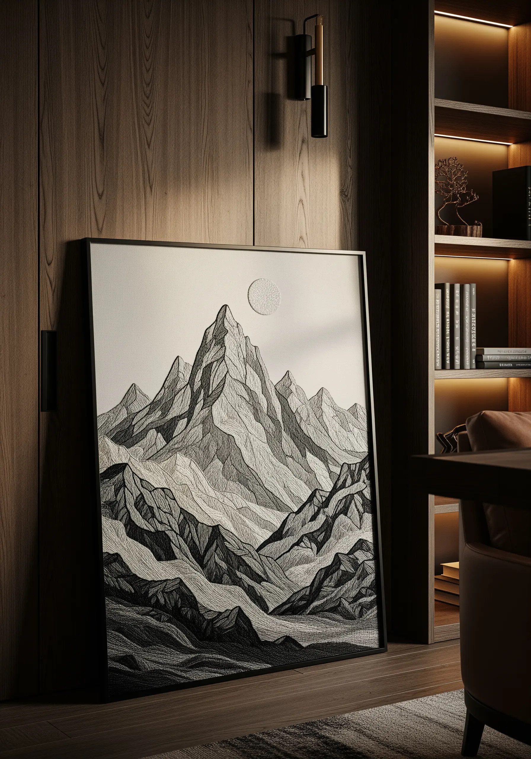 A large framed embroidery of a mountain range with shading created through detailed blackwork patterns.