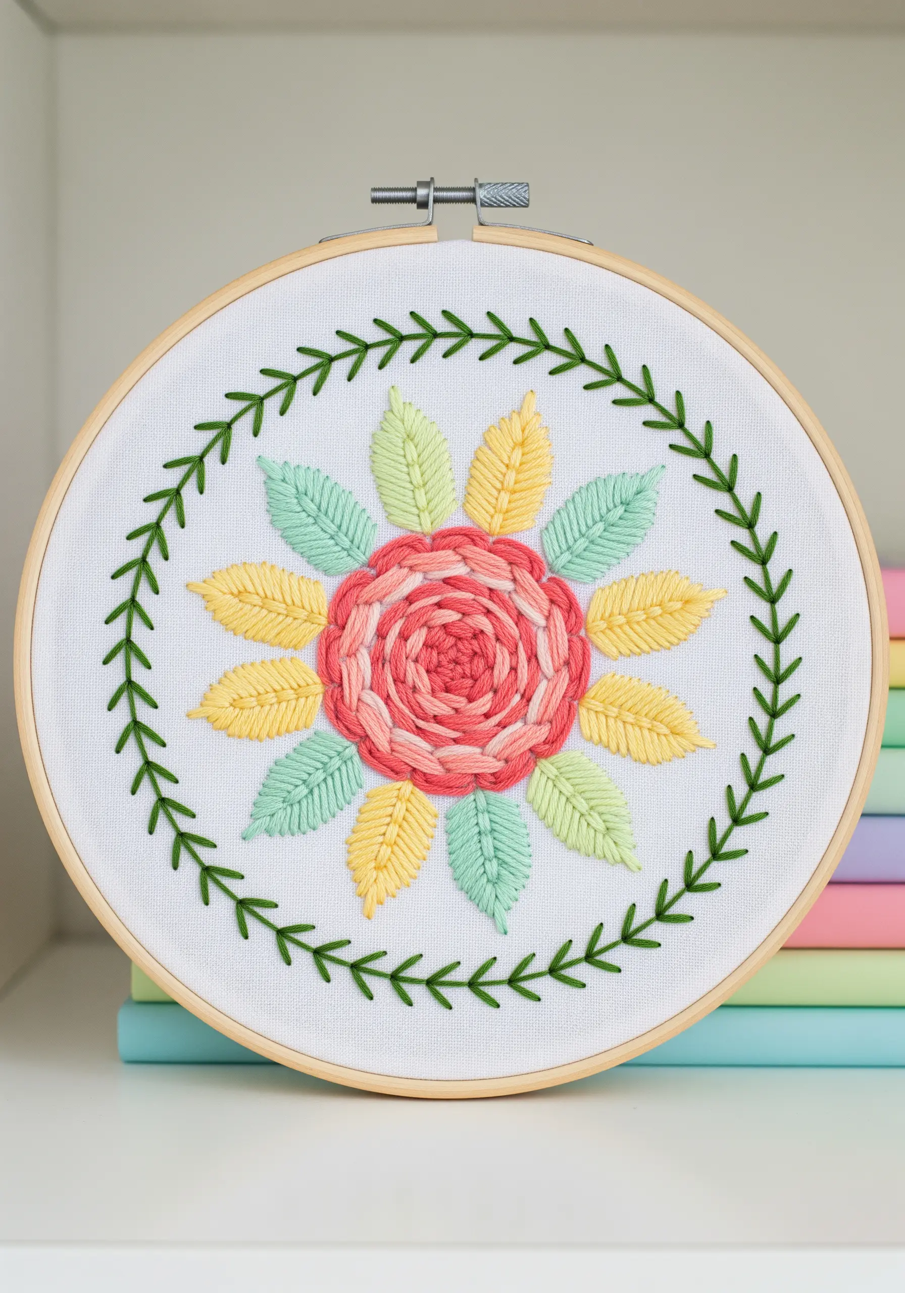 Pastel floral mandala with a gradient woven wheel rose and mint and yellow fishbone stitch leaves.