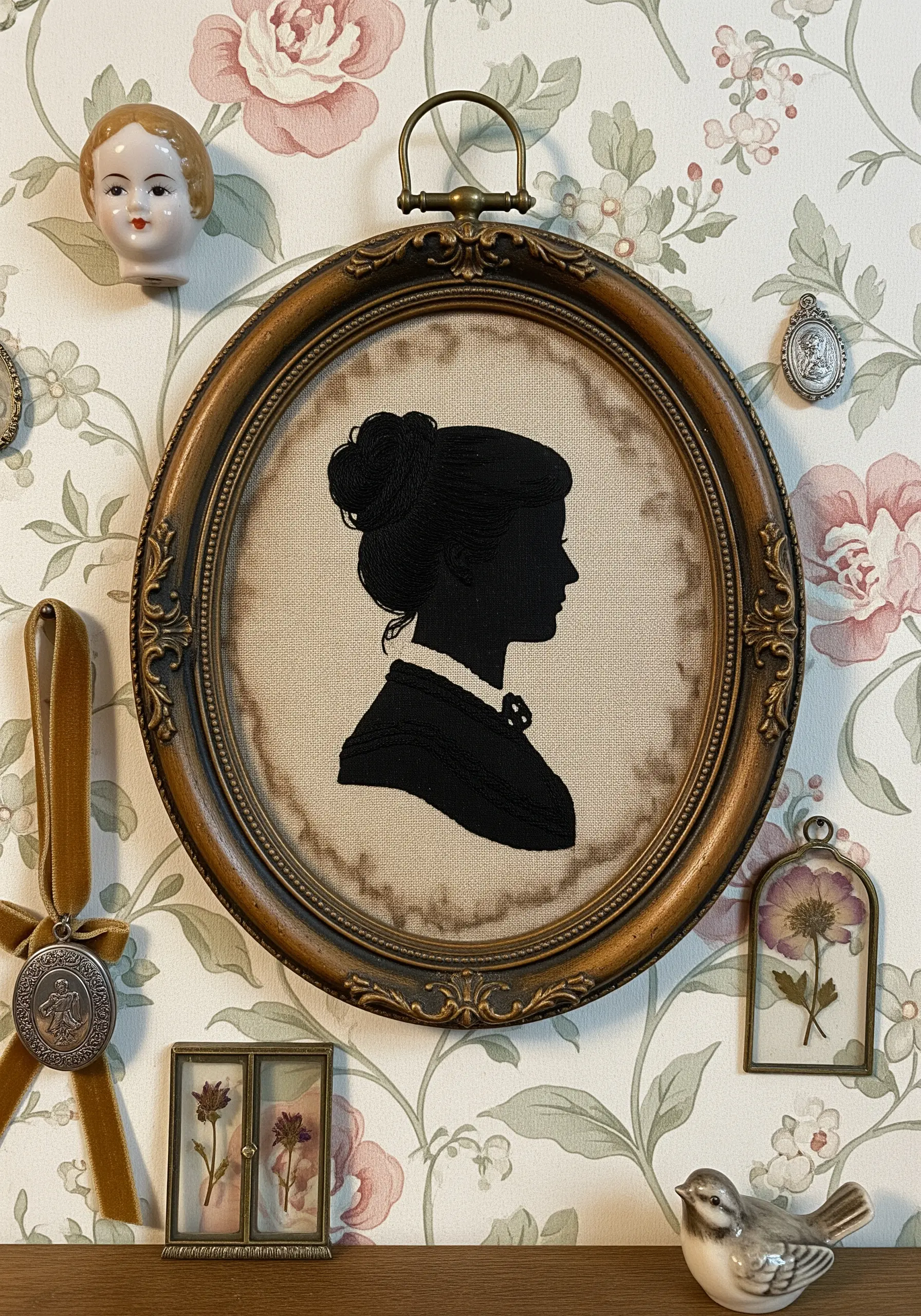 Black silhouette profile embroidery in vintage oval frame