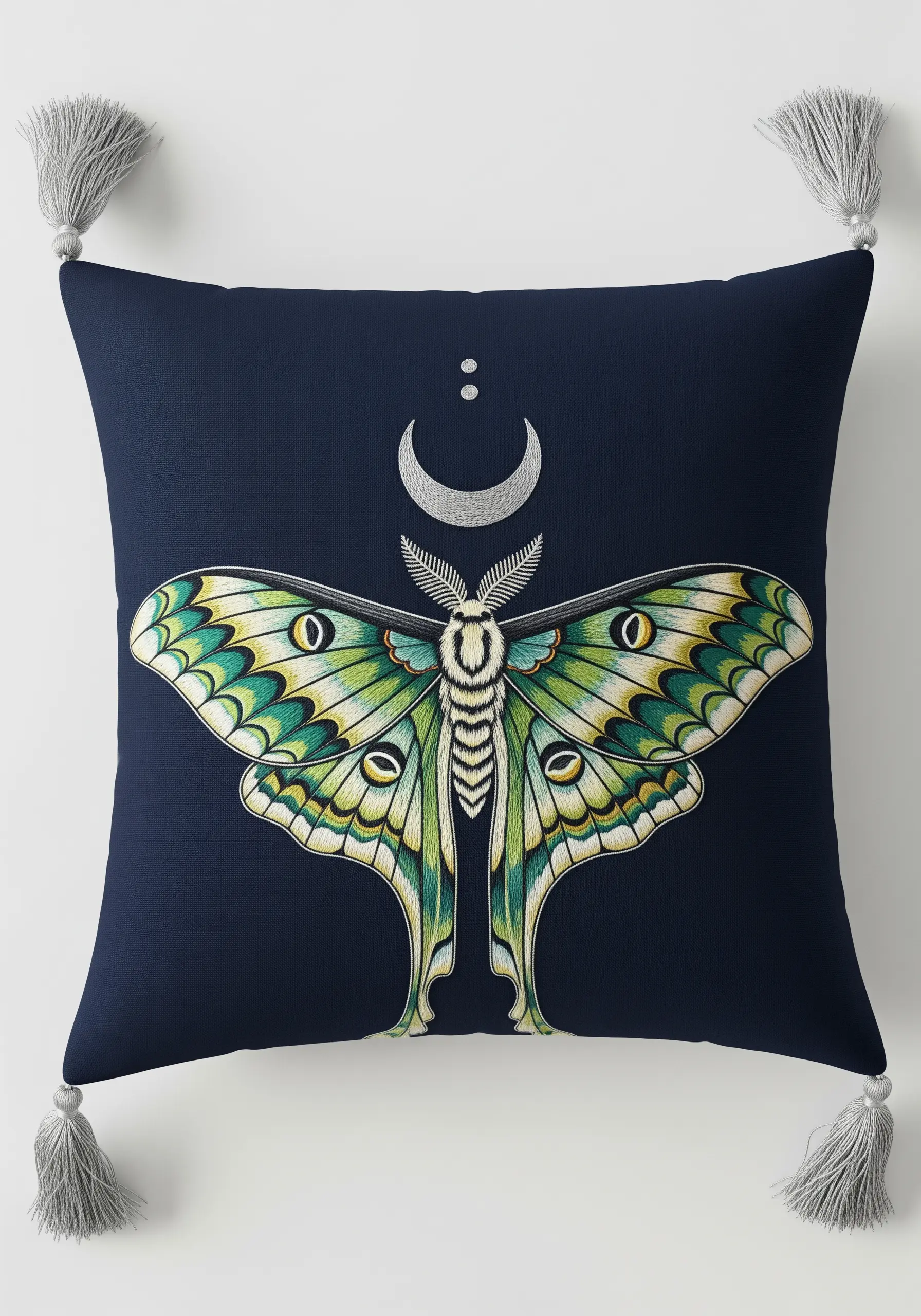 A large, symmetrically embroidered Luna moth on a dark navy cushion with tassels.