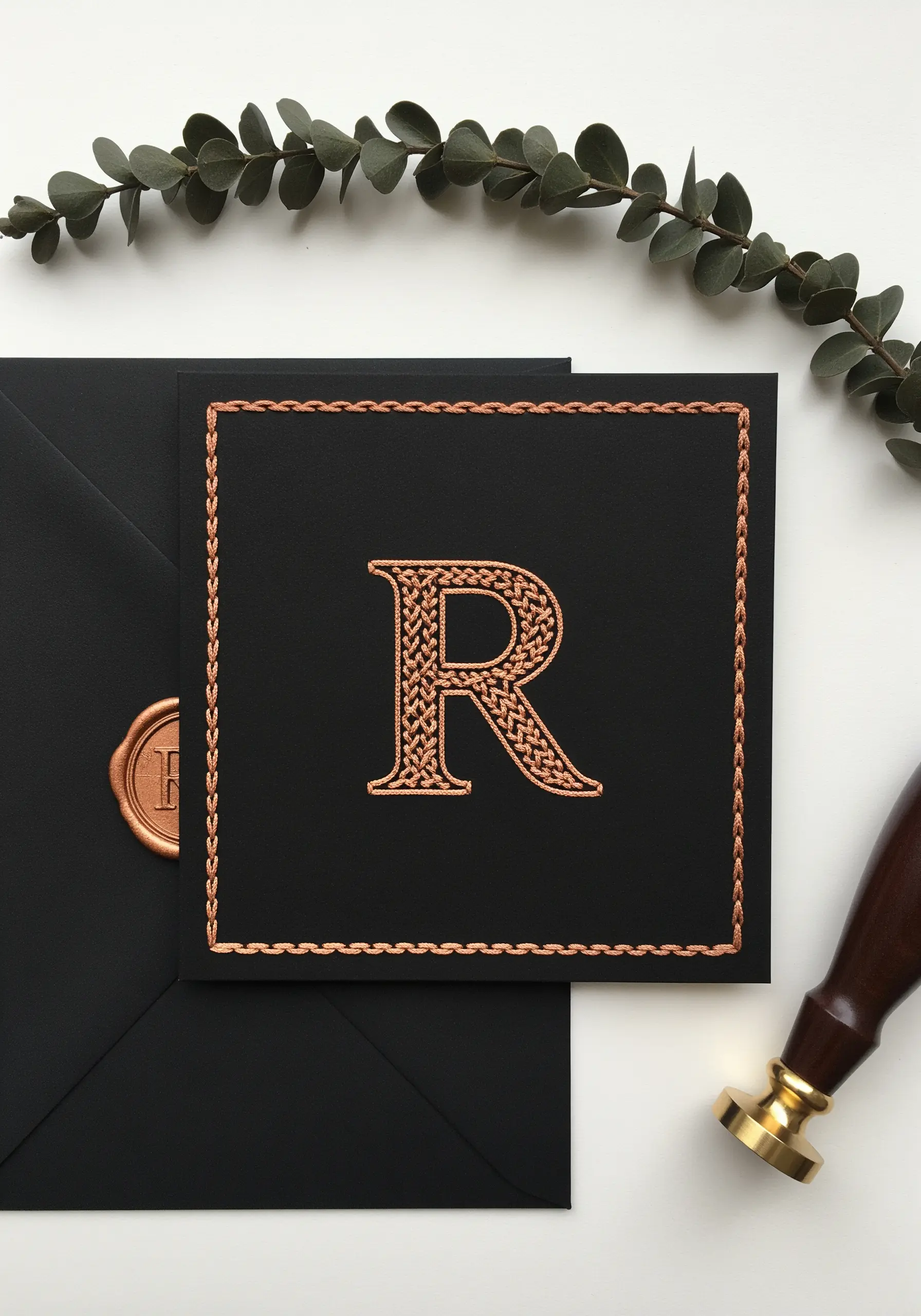 A copper-colored monogram 'R' stitched on black cardstock using a basketweave fill stitch.