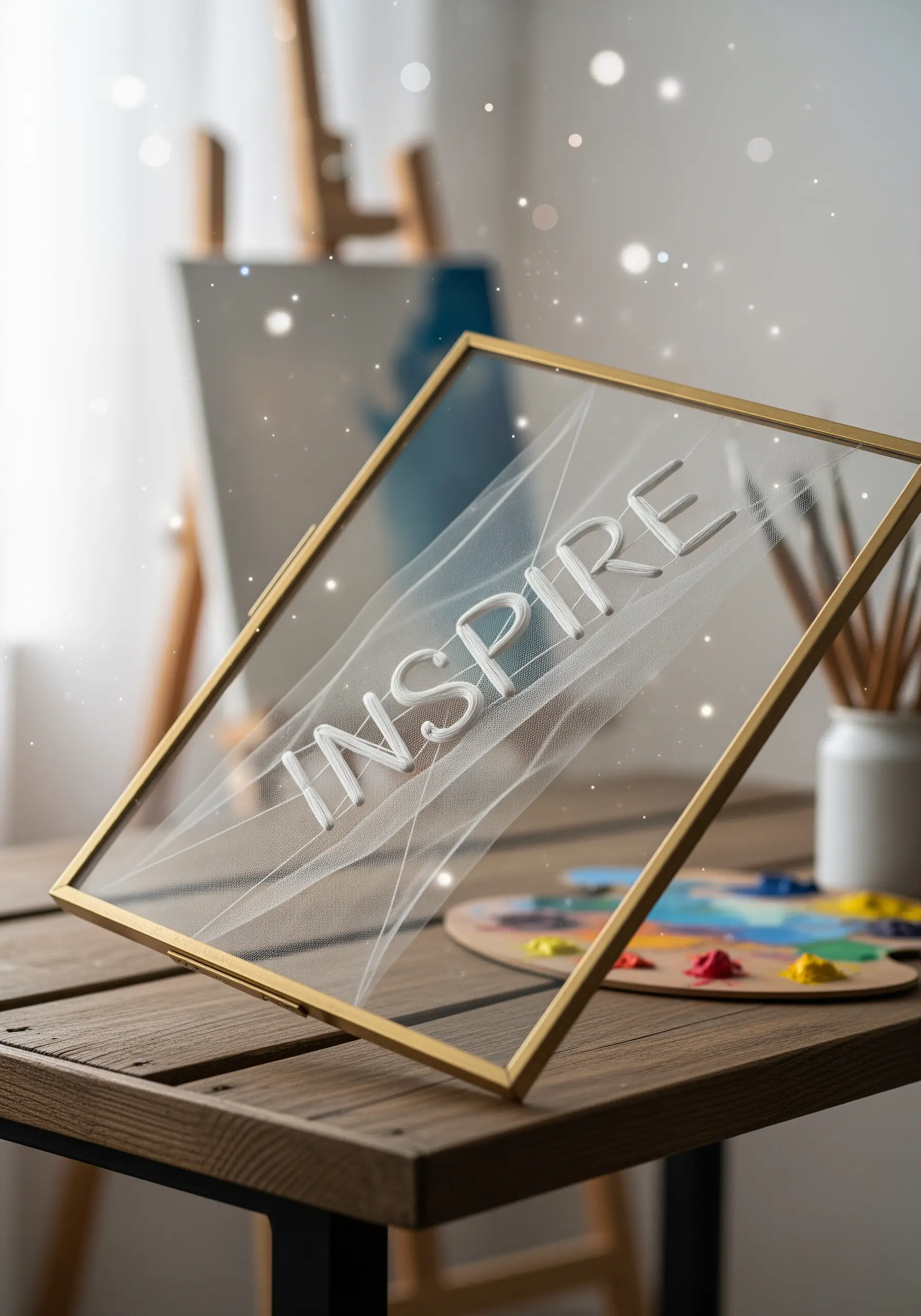 White embroidery text on transparent tulle in a gold floating frame