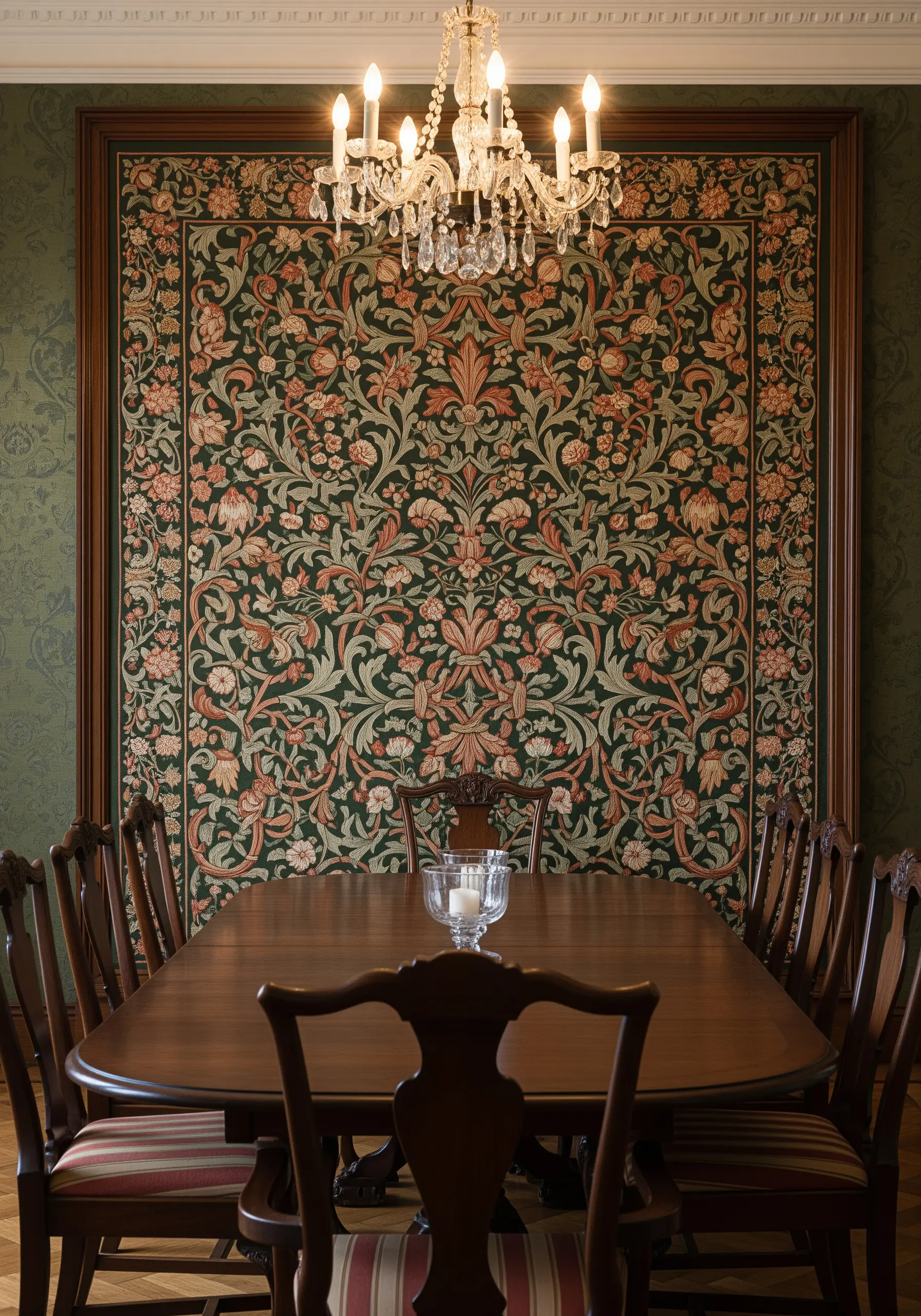 A large, intricate floral tapestry in a William Morris style hanging in a formal dining room.