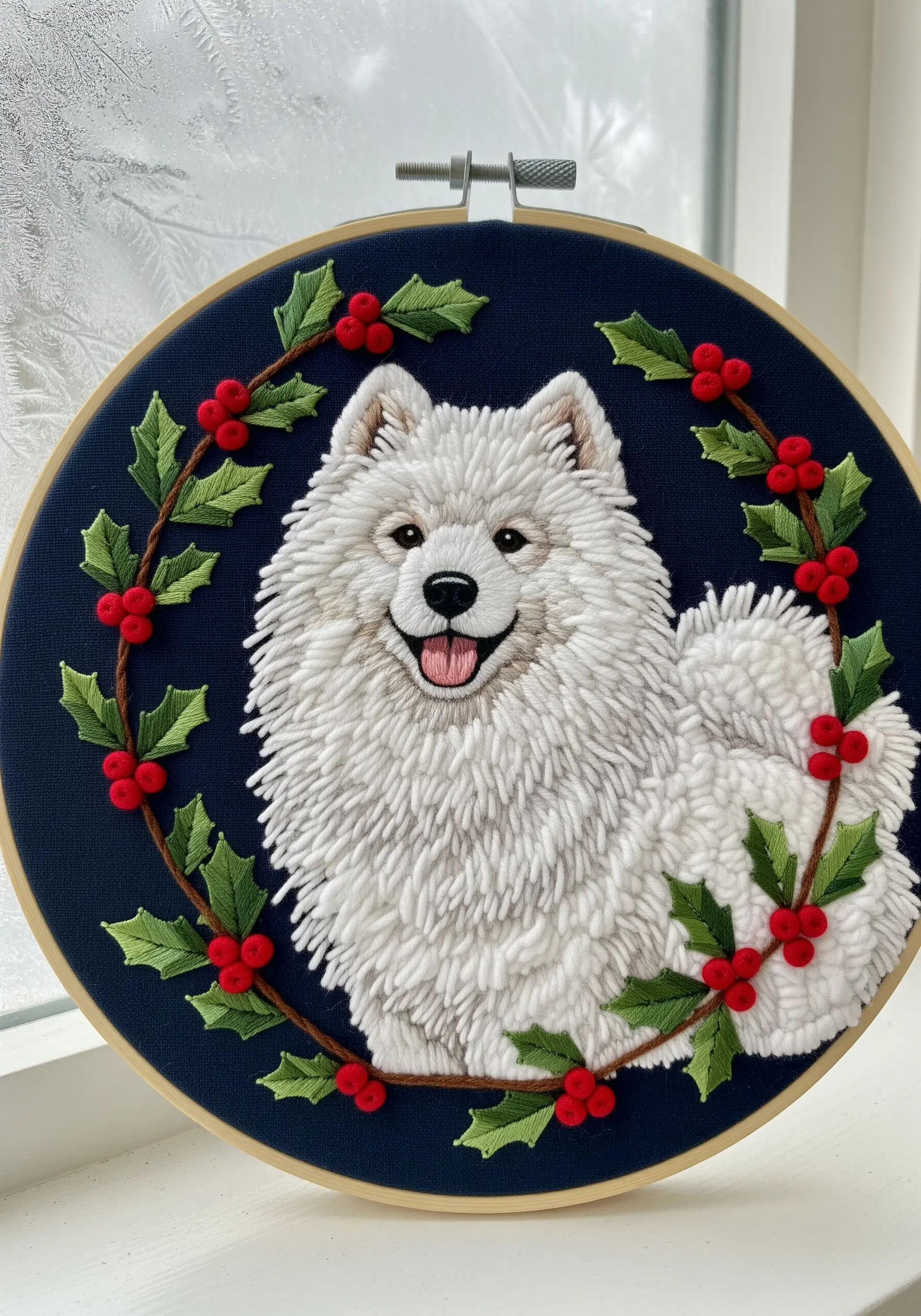 Highly textured embroidery of a fluffy white Samoyed using Turkey work, framed by a holly wreath.