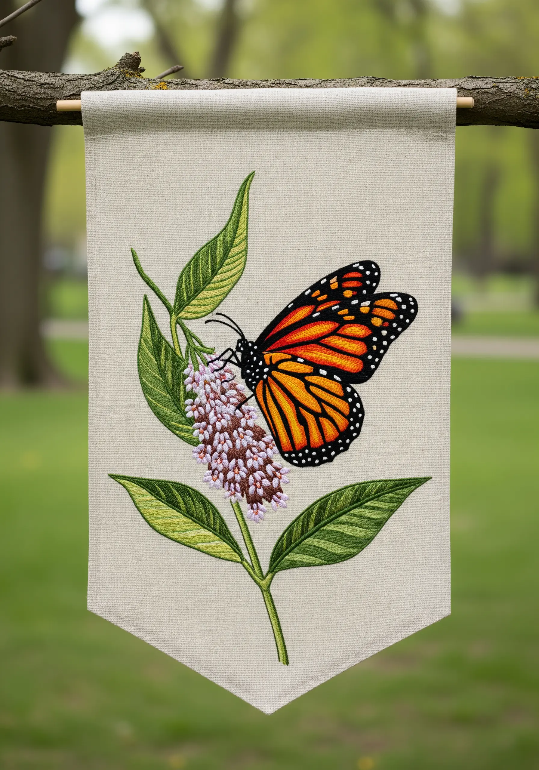 A detailed embroidery of a monarch butterfly on a butterfly bush, hanging as a garden flag.