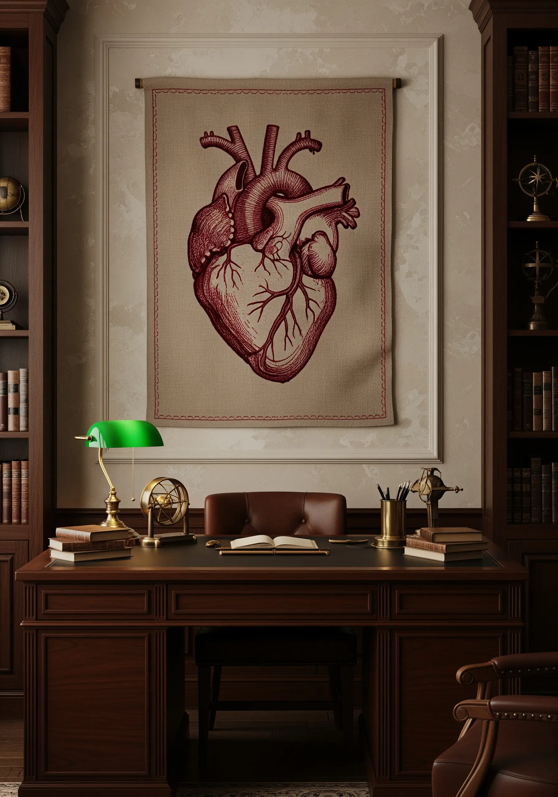 Large wall tapestry of an anatomical heart stitched in dark red on beige linen.