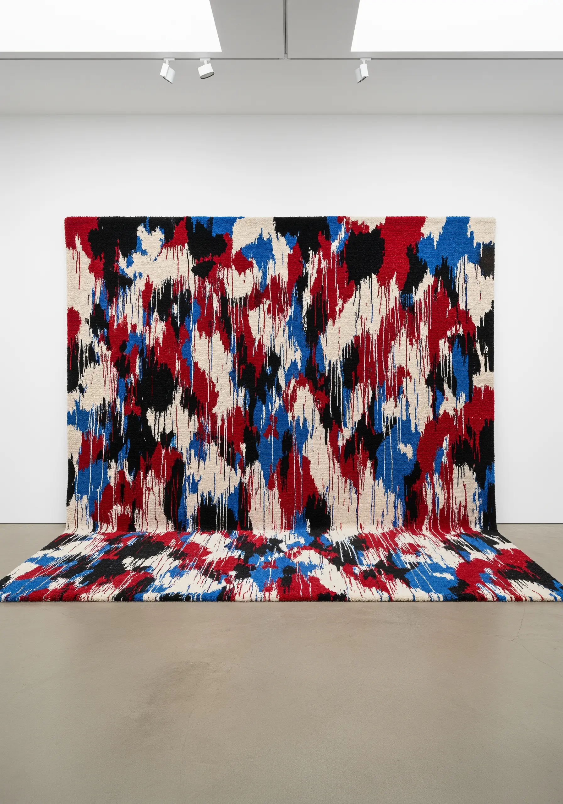 A large woven tapestry with an abstract design resembling dripping paint in red, blue, and black.