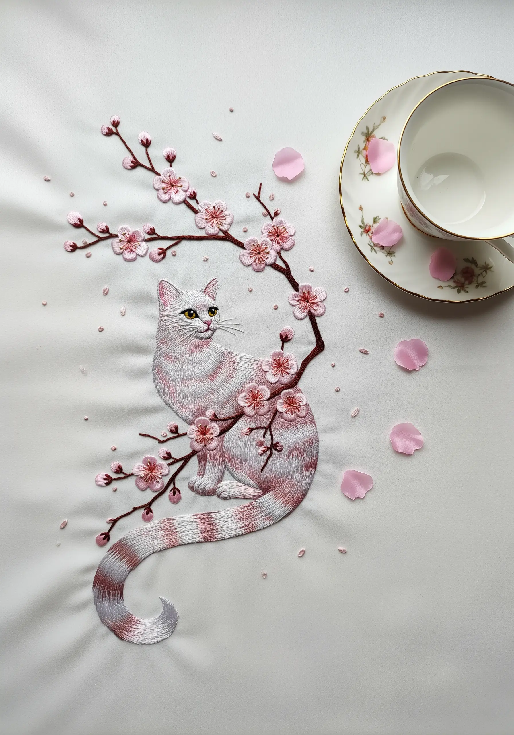 White cat with pink shading, surrounded by cherry blossom branches.