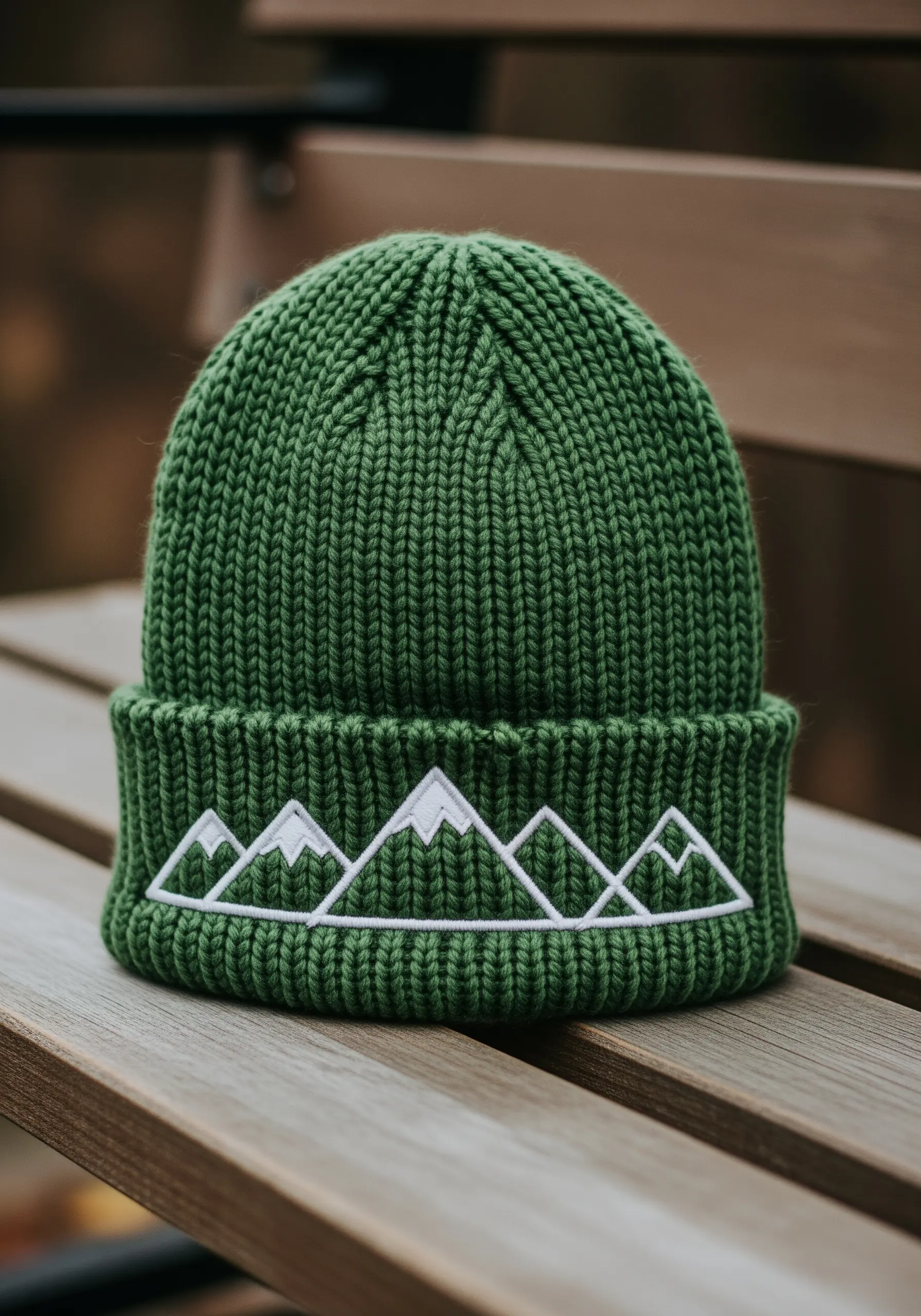 A white outline of a mountain range embroidered on the cuff of a green knit beanie.