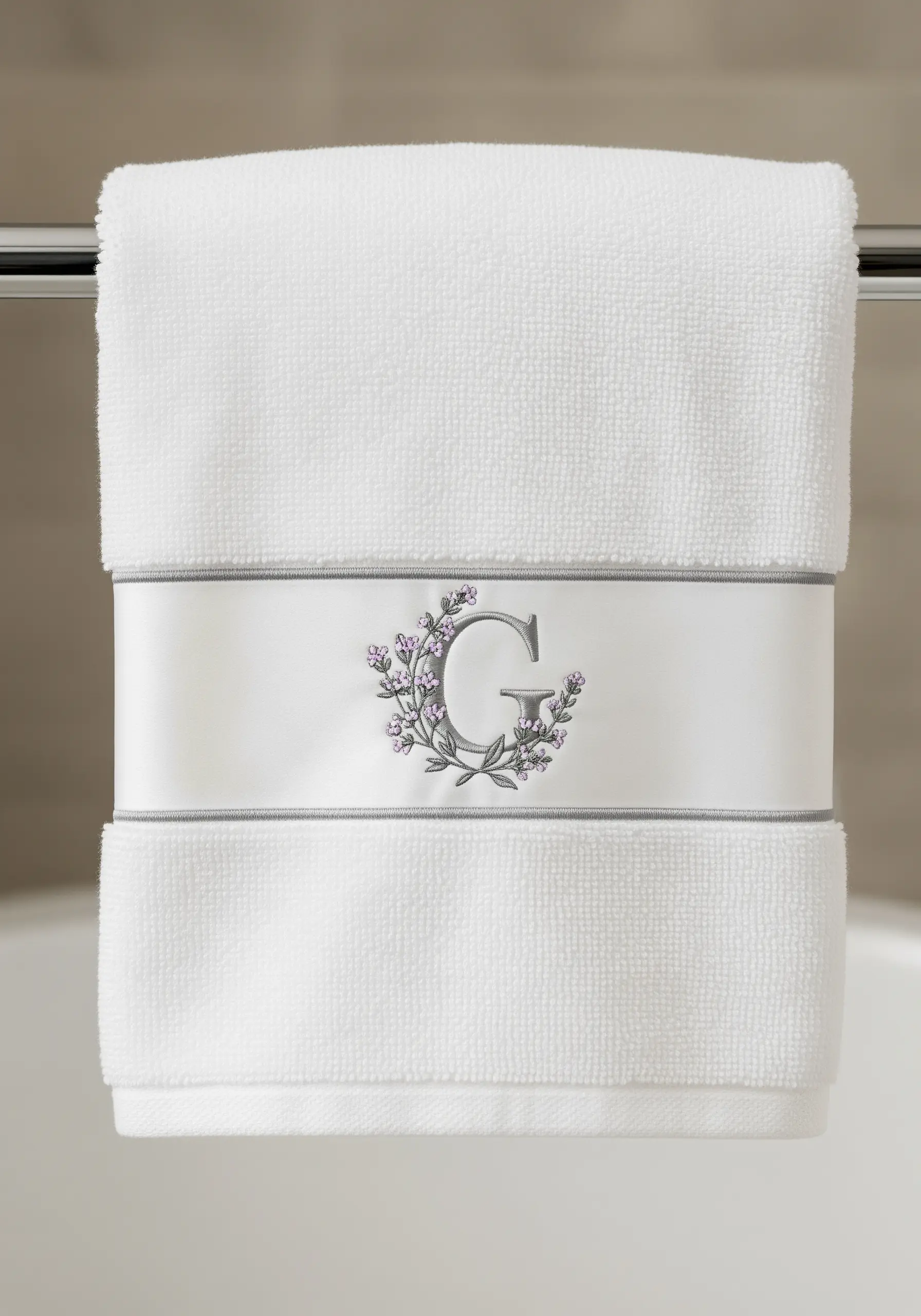 An elegant silver monogram 'G' surrounded by lavender flowers on a plush white bath towel.