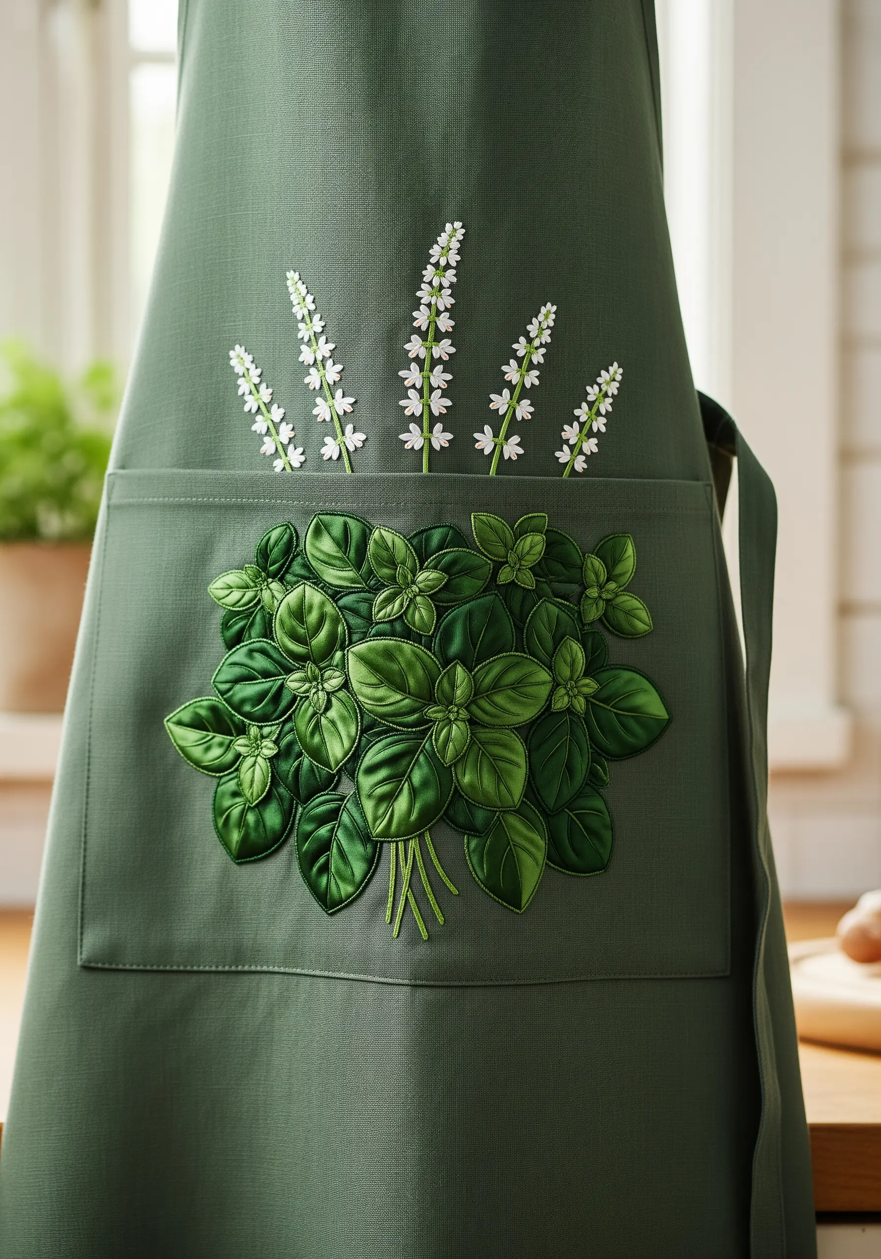 Dimensional, shiny basil leaves embroidered on the pocket of a green apron.