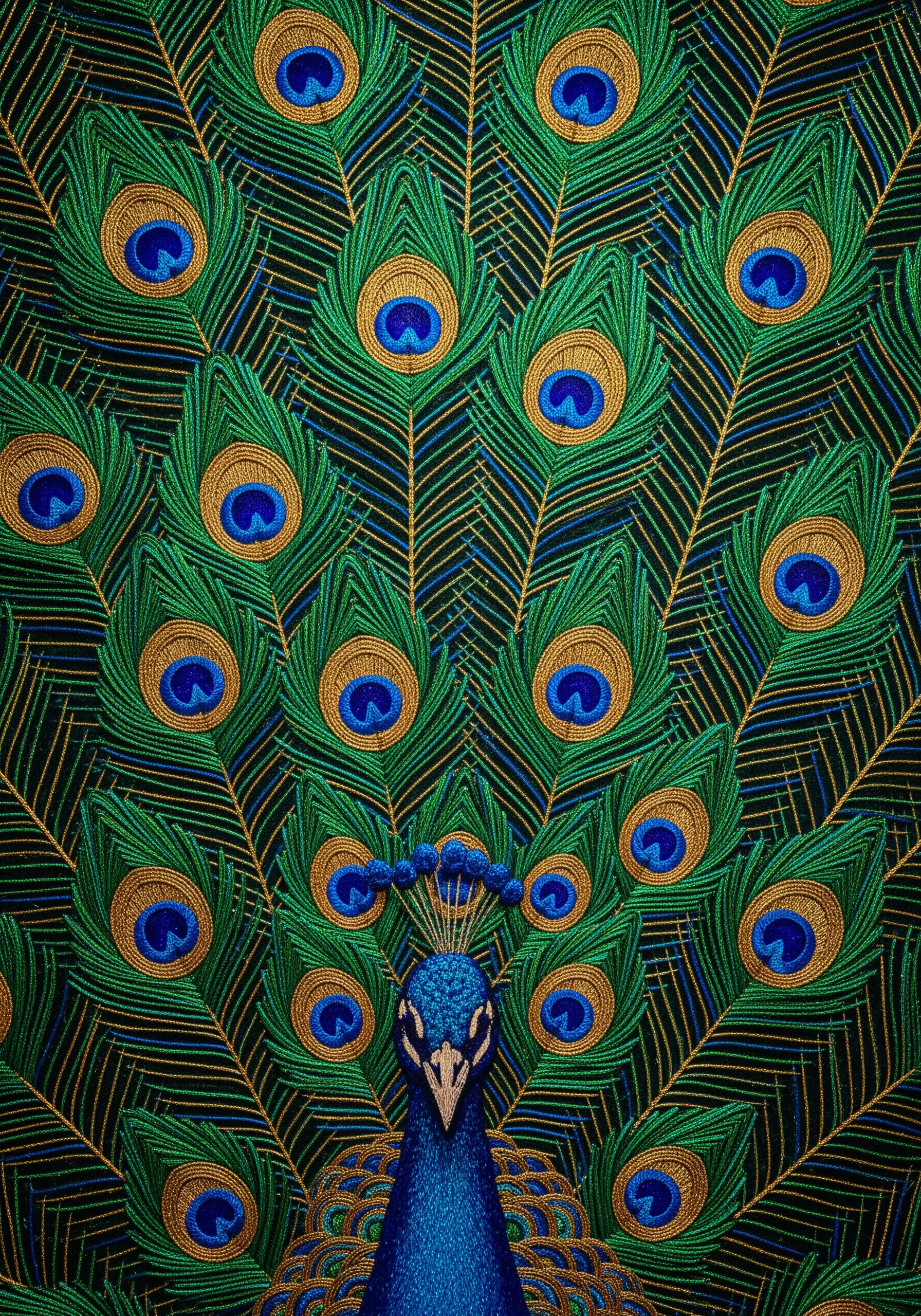A highly detailed close-up of an embroidered peacock with iridescent and metallic threads.