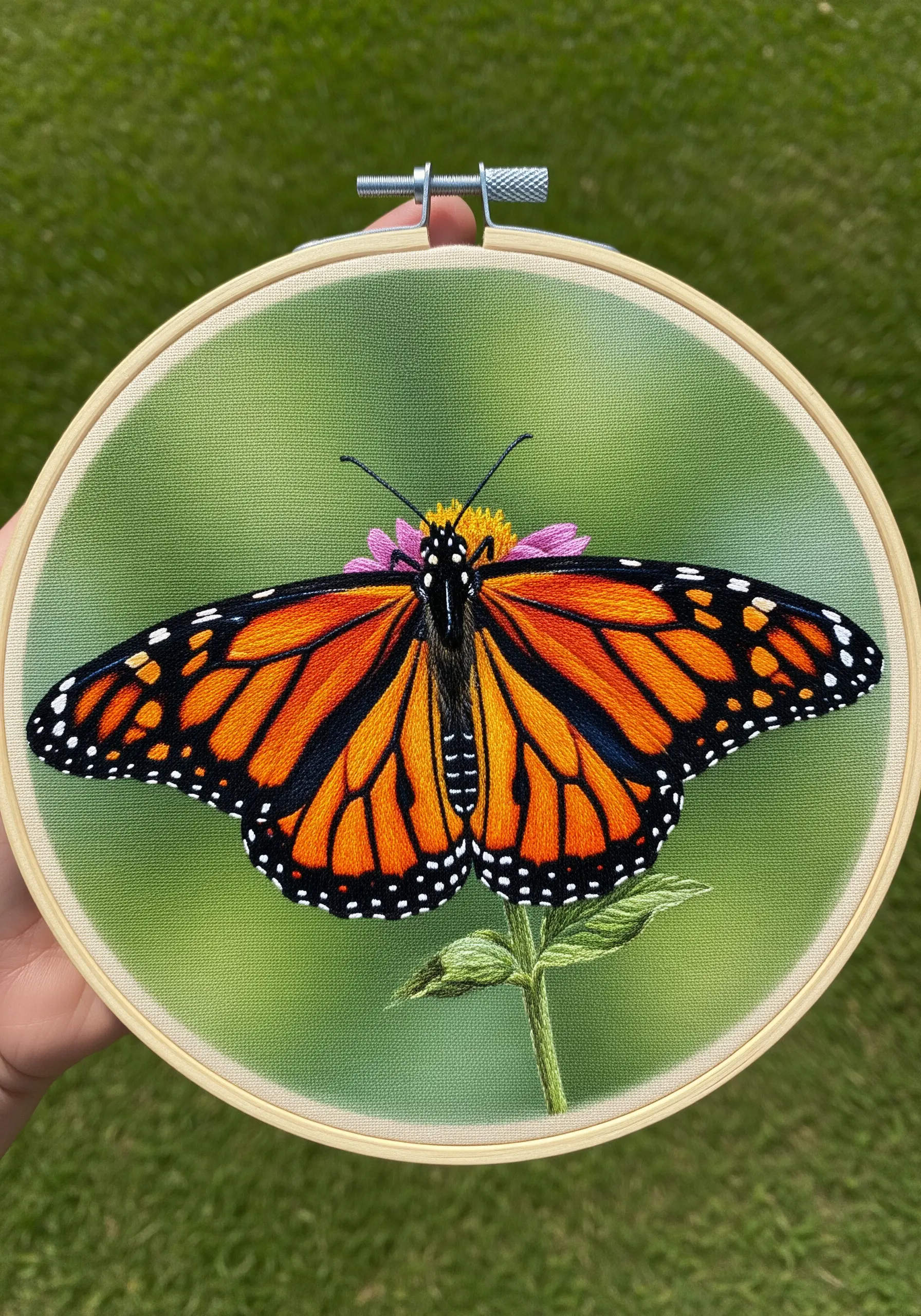 Hyper-realistic embroidered monarch butterfly with detailed thread painting on its wings.