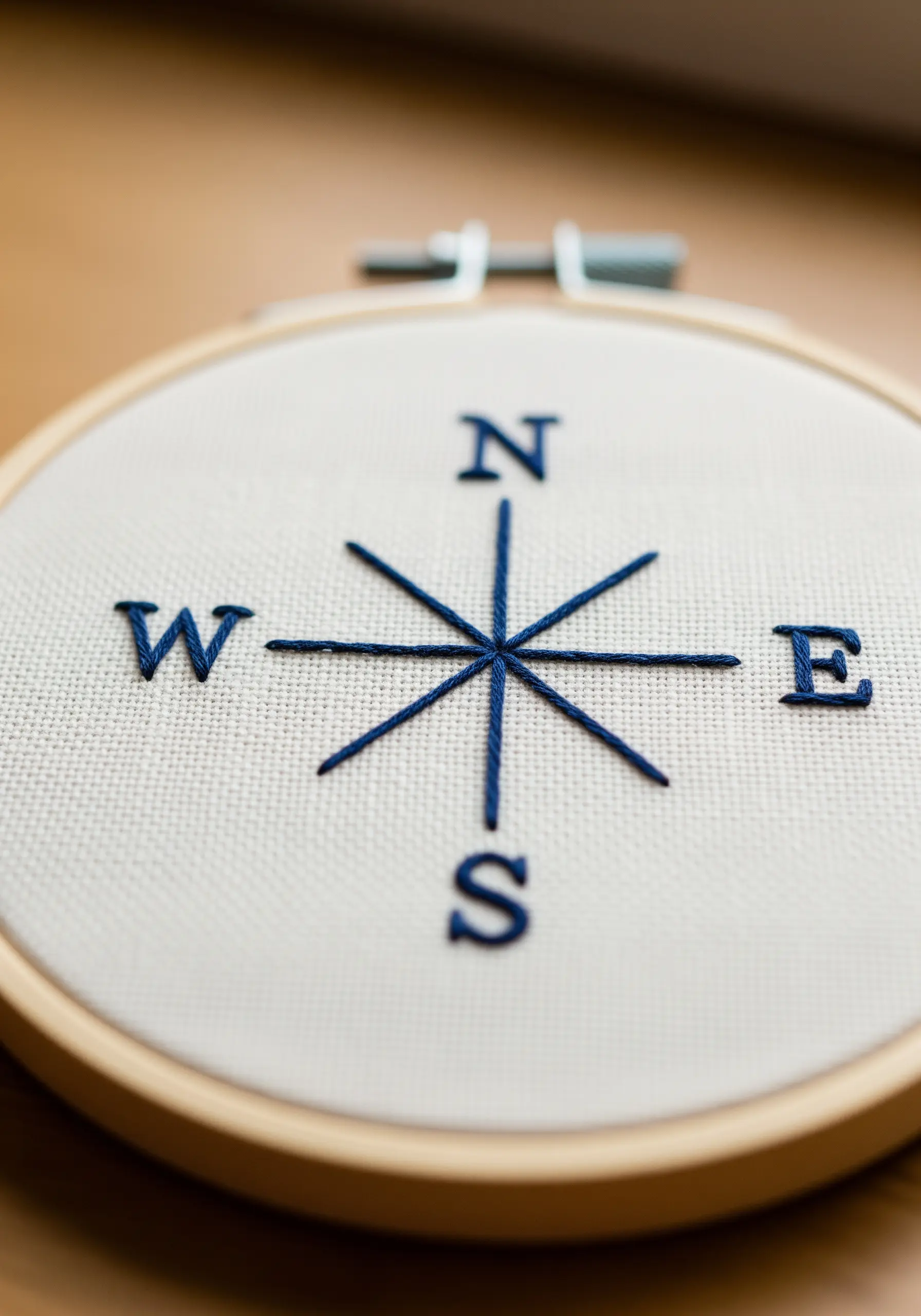 A simple compass rose with letters N, S, E, W embroidered in blue thread.