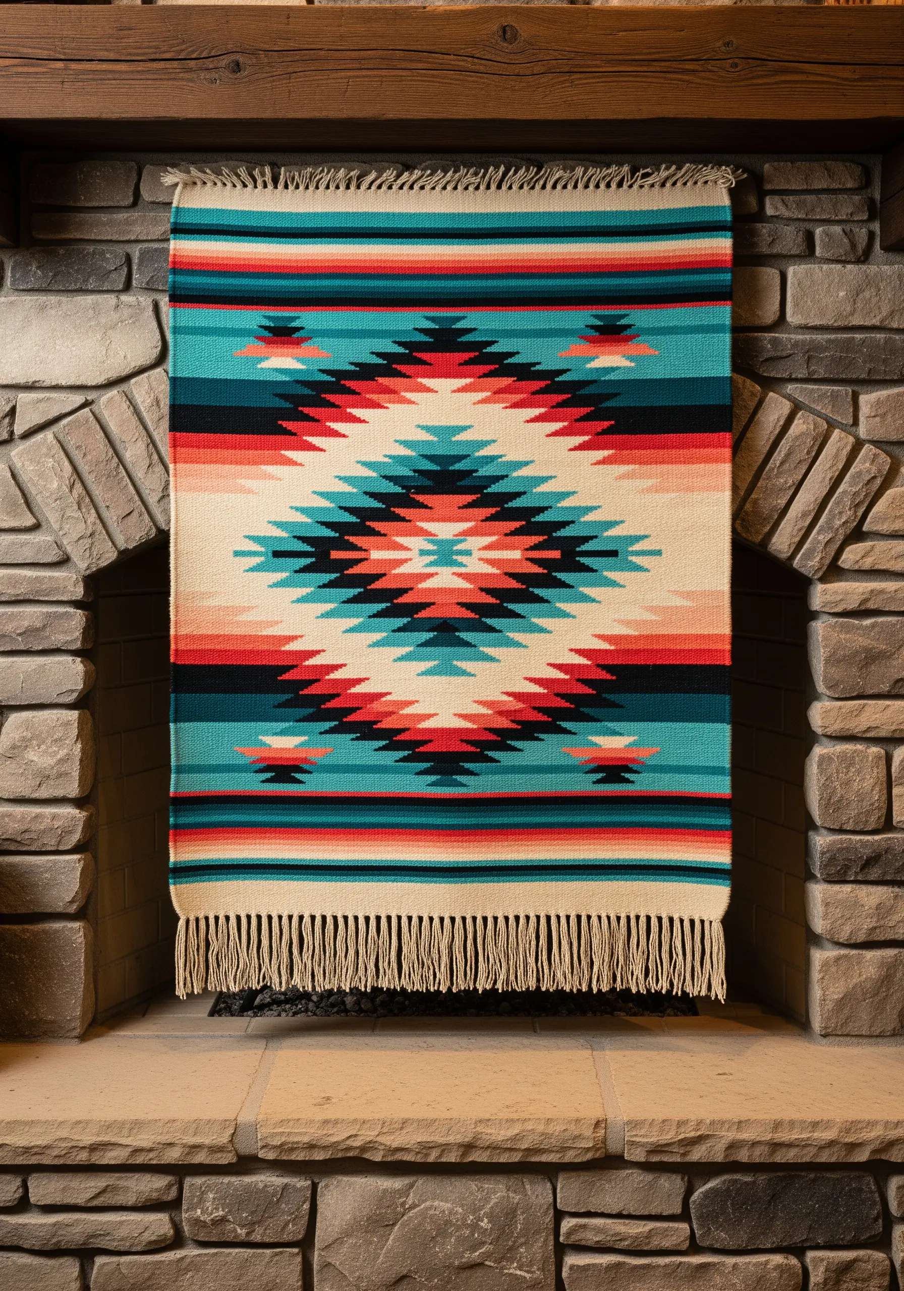 Southwestern-style woven rug with a central geometric diamond pattern in turquoise, red, and black.