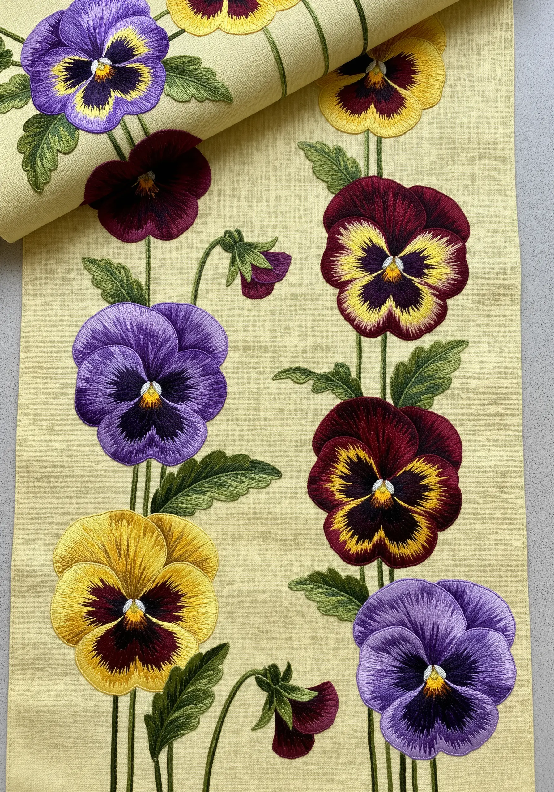 A detailed table runner with embroidered pansies in shades of purple, yellow, and deep red.