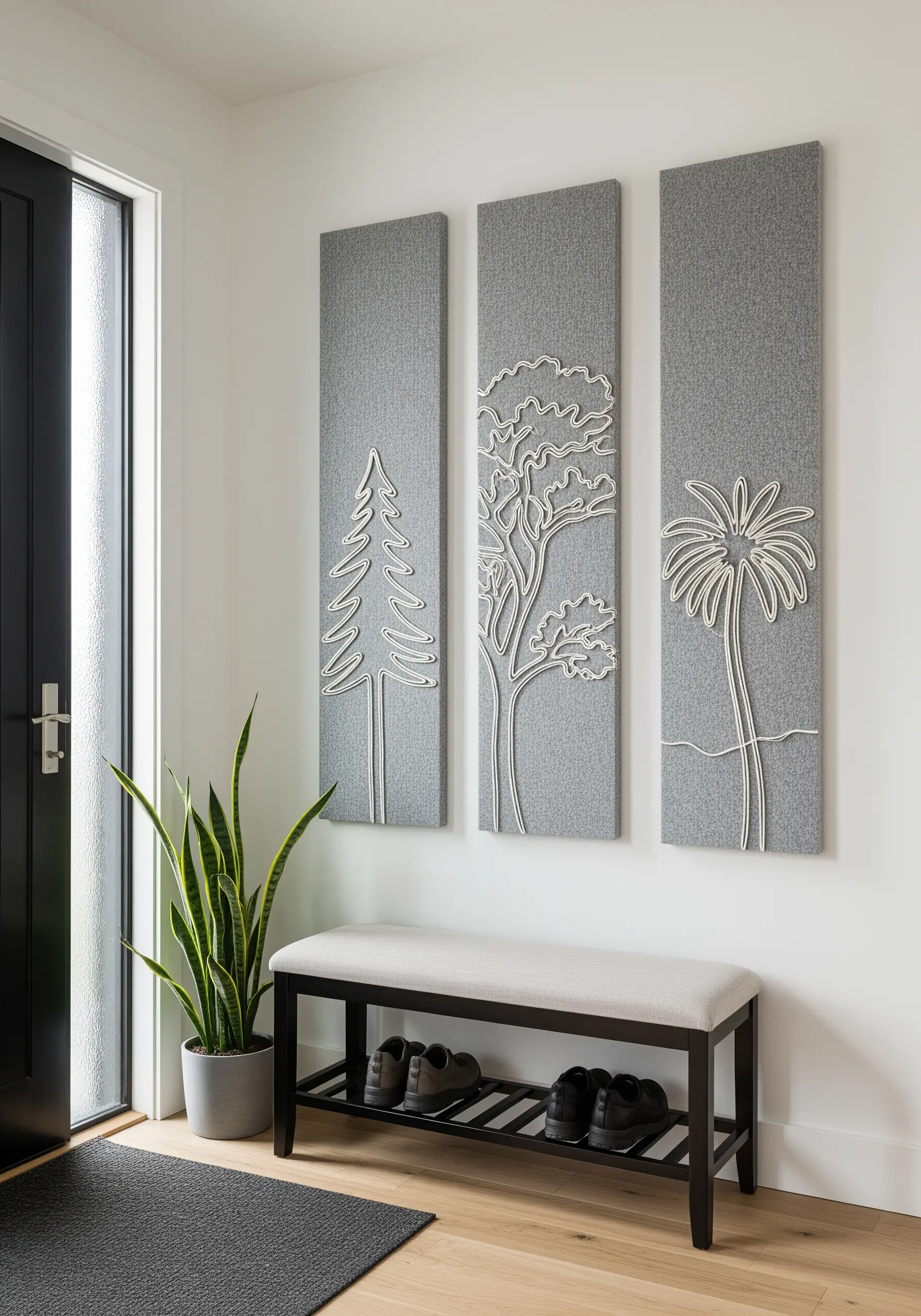 Three vertical grey felt panels with white yarn embroidery of trees