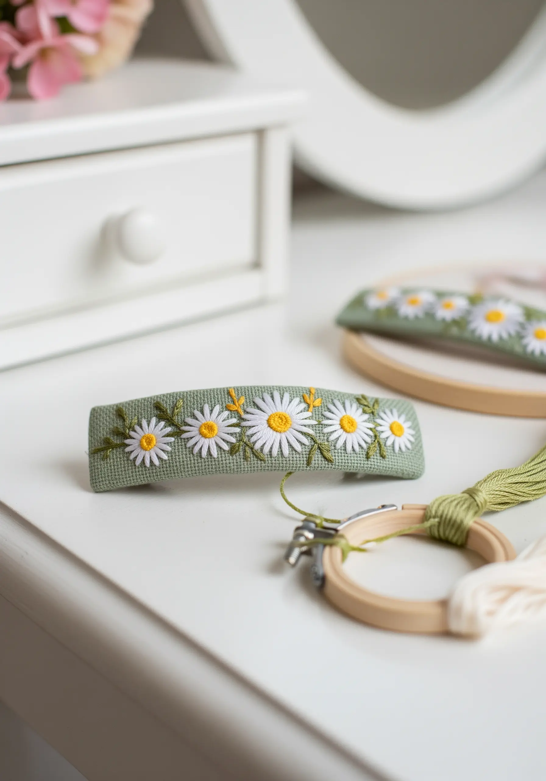 A fabric-covered hair barrette embroidered with a line of white and yellow daisies.