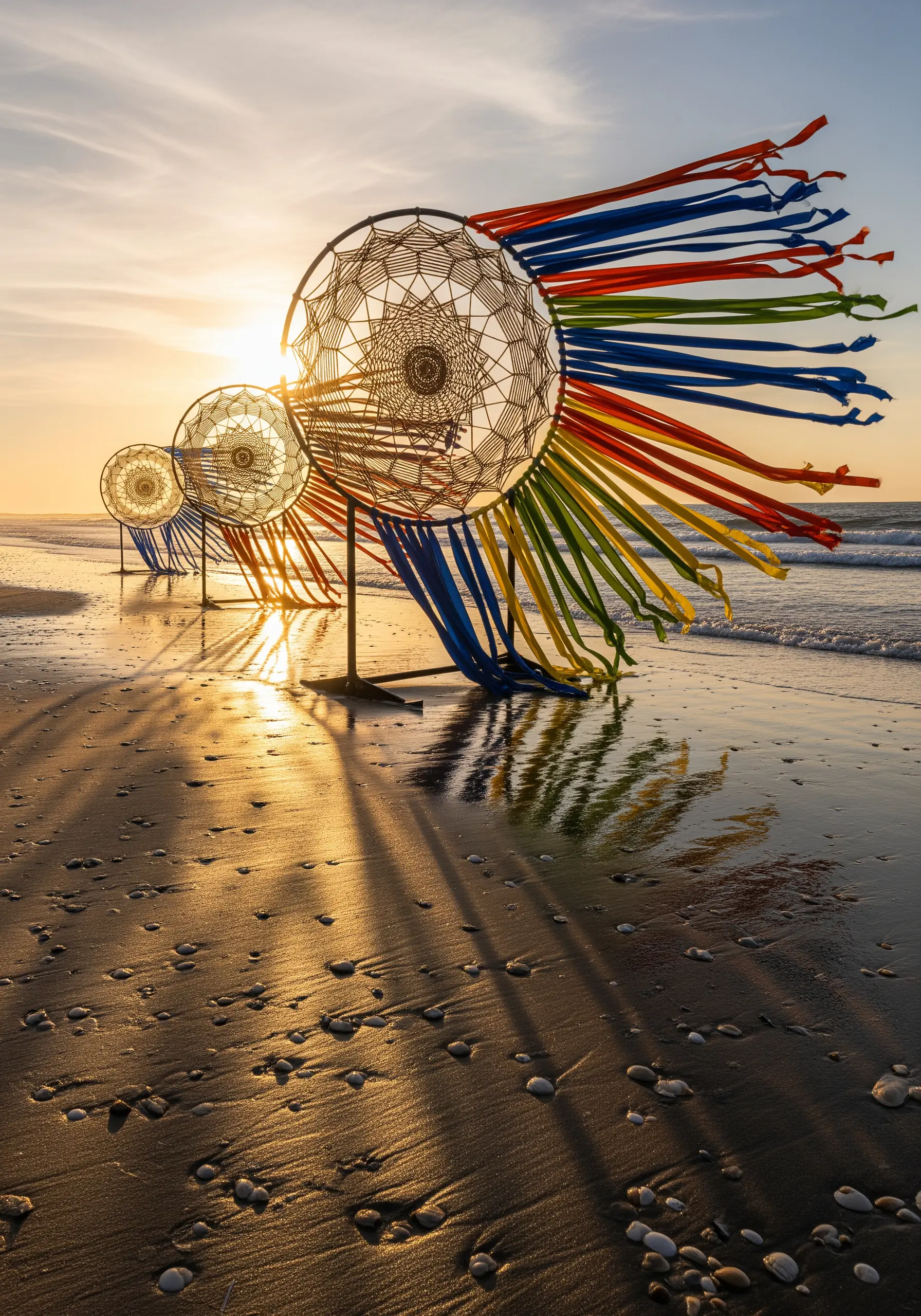 Large-scale dreamcatchers on a beach at sunset, with long colorful ribbons.