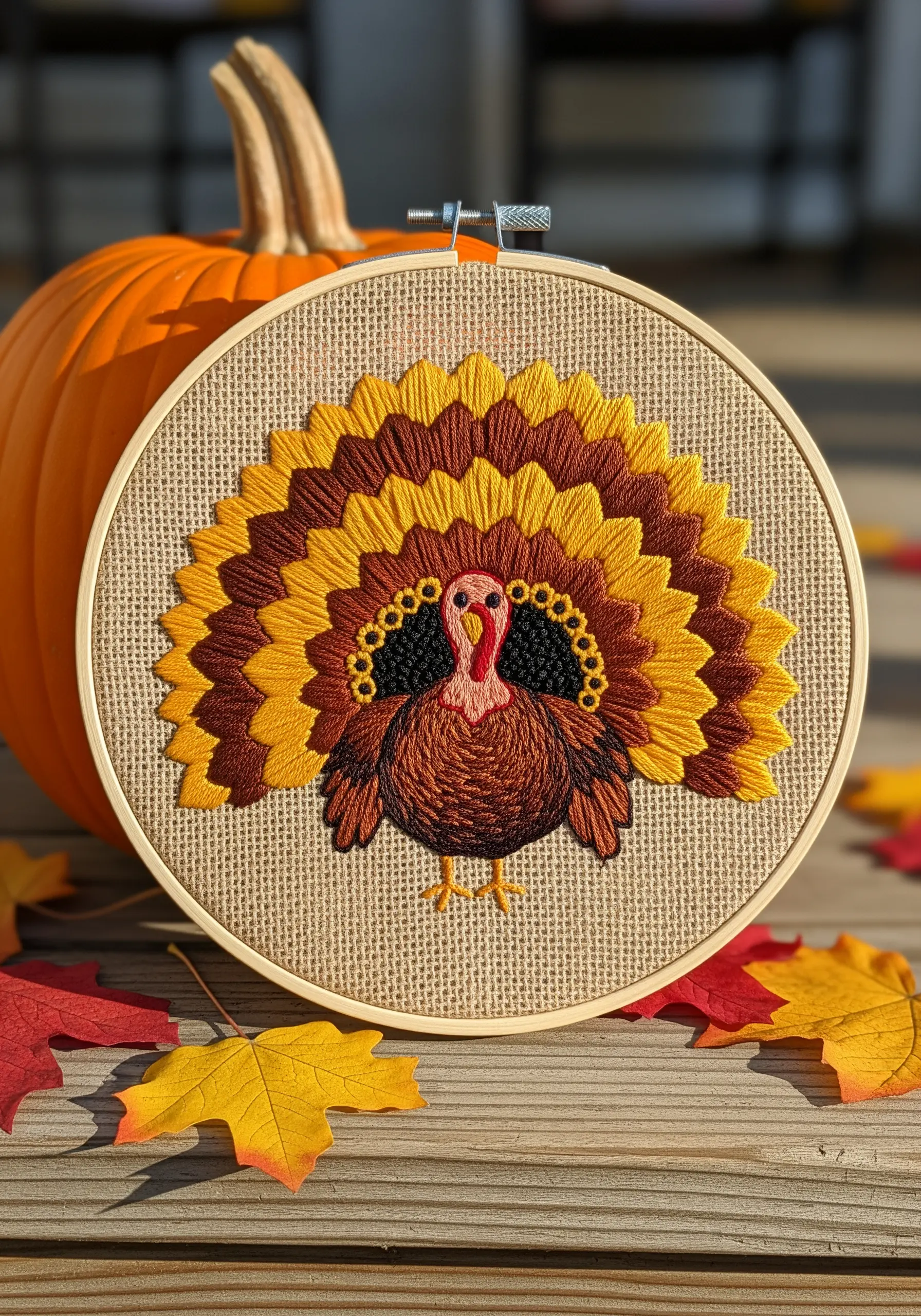 An embroidered turkey with layered satin stitch feathers on a coarse burlap-like fabric.