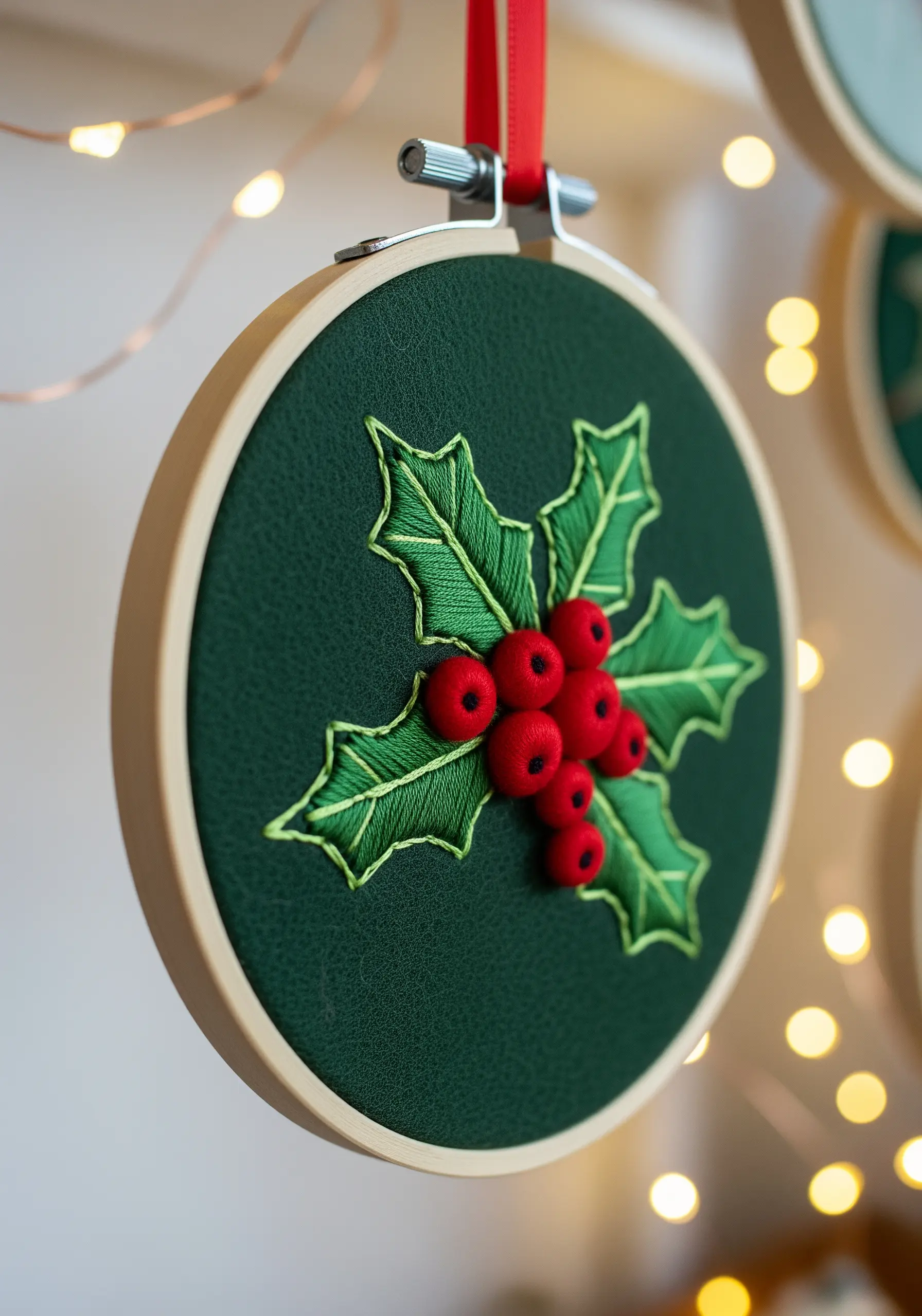 A sprig of holly with 3D padded satin stitch red berries and green leaves on dark green fabric.