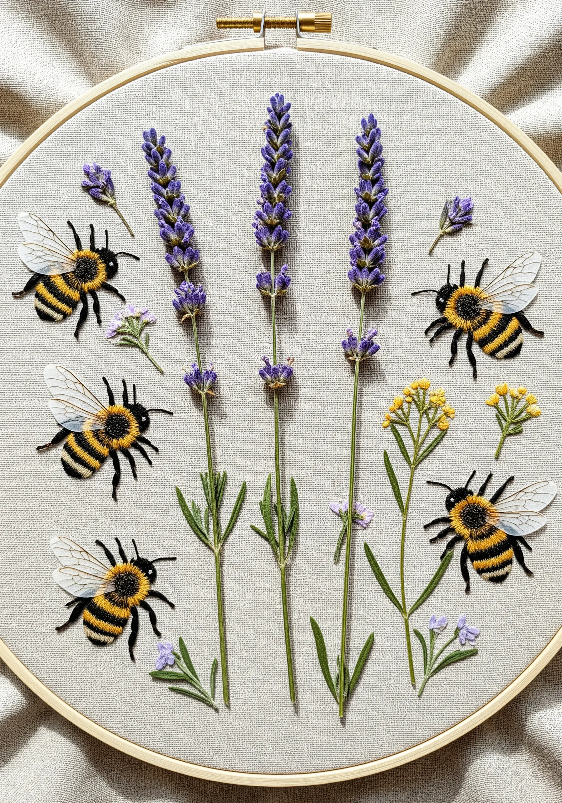 Pressed lavender sprigs arranged with four highly detailed, three-dimensional embroidered bees.
