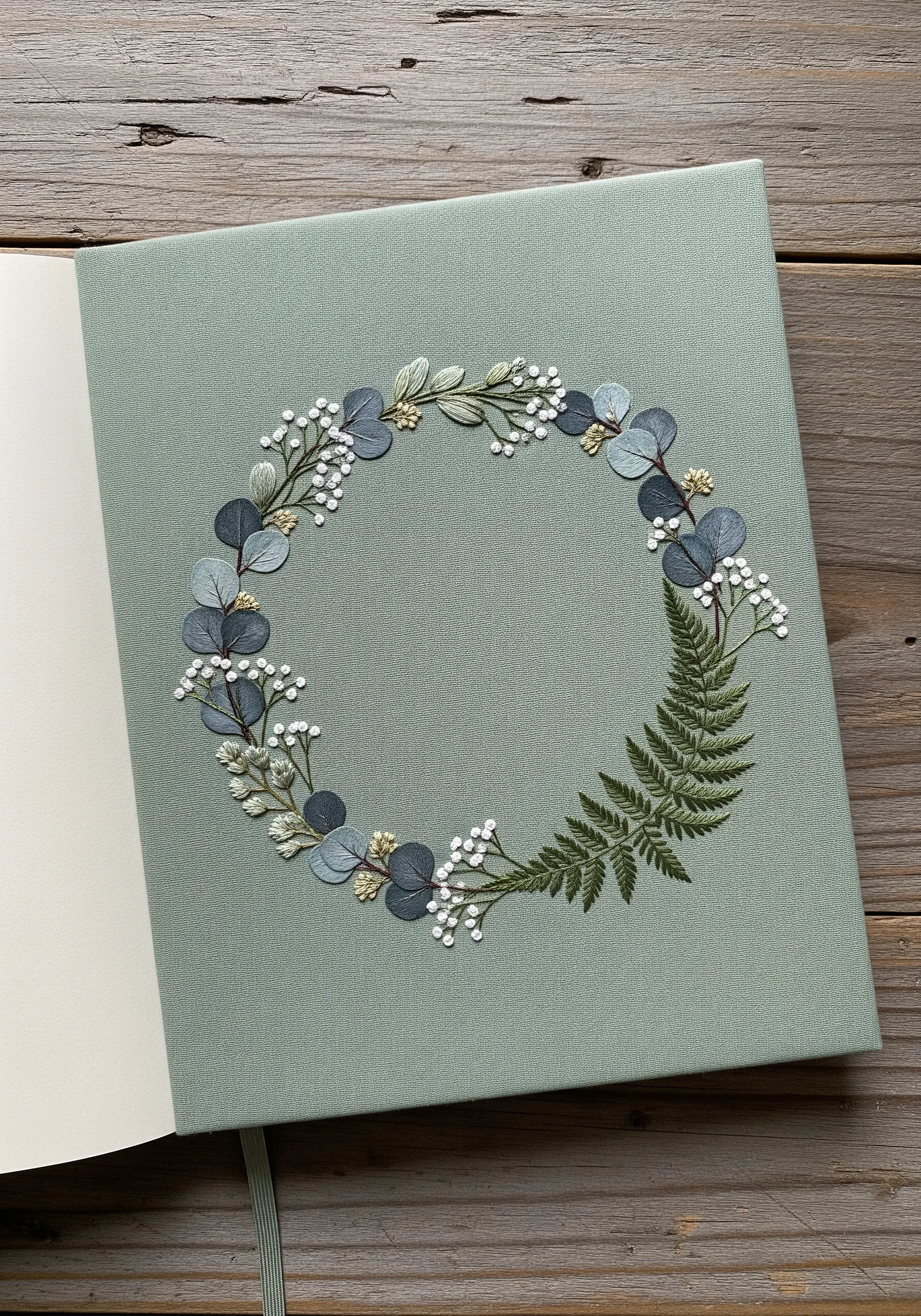 The fabric cover of a journal embroidered with a delicate wreath of eucalyptus and fern.