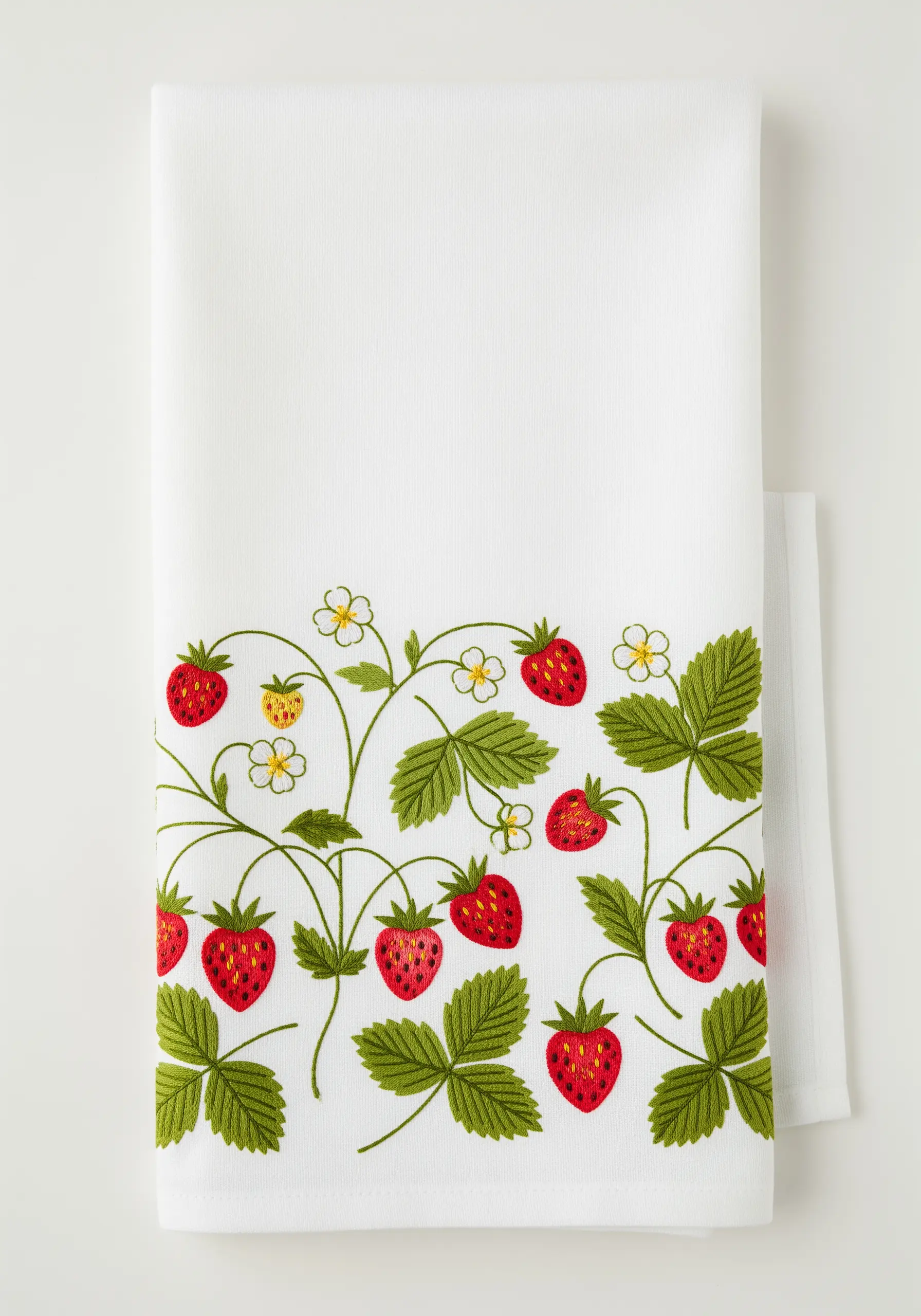A decorative border of embroidered strawberries, leaves, and blossoms on a white tea towel.
