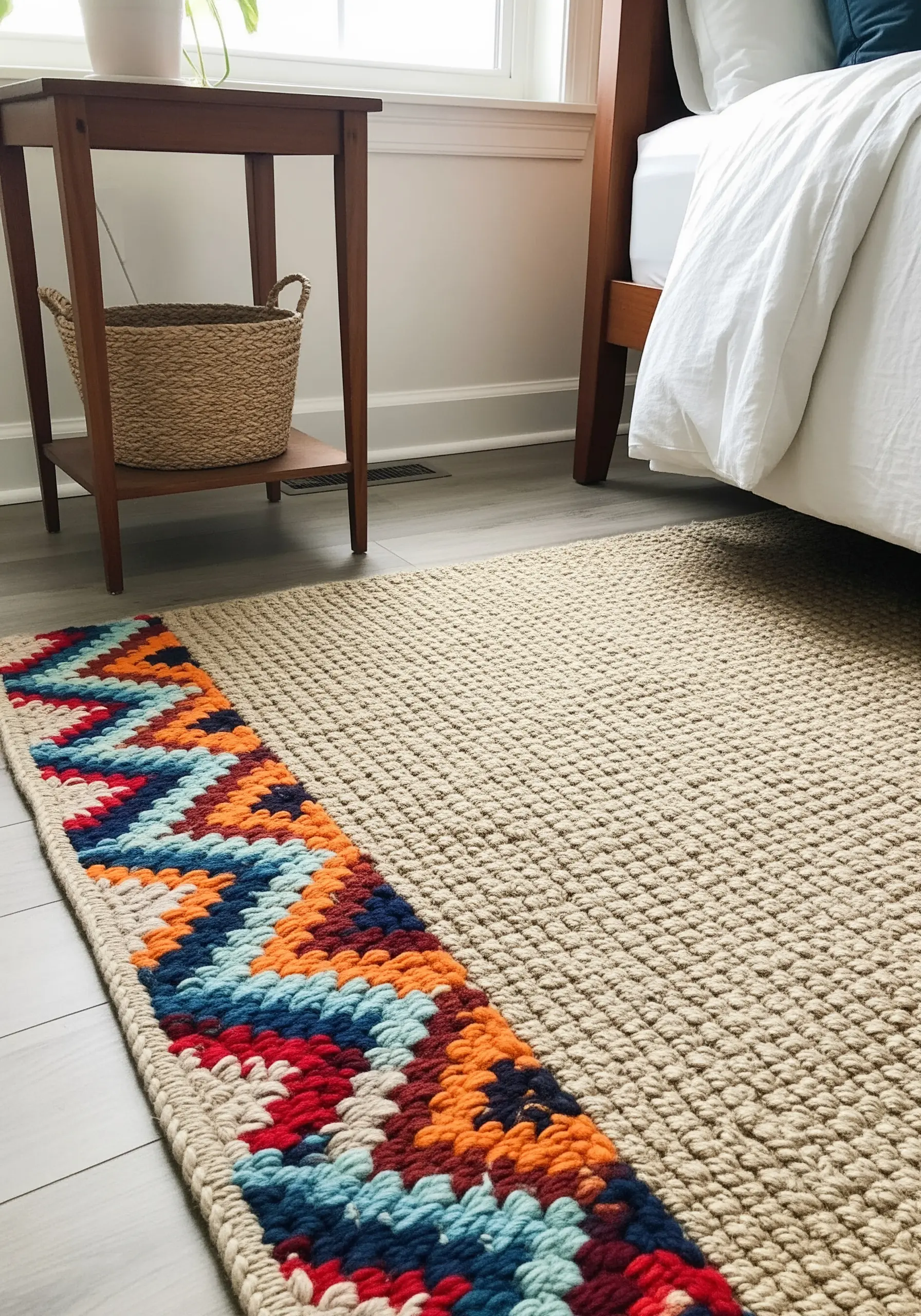 A natural jute rug with a colorful, heavily embroidered geometric border in shades of blue and orange.