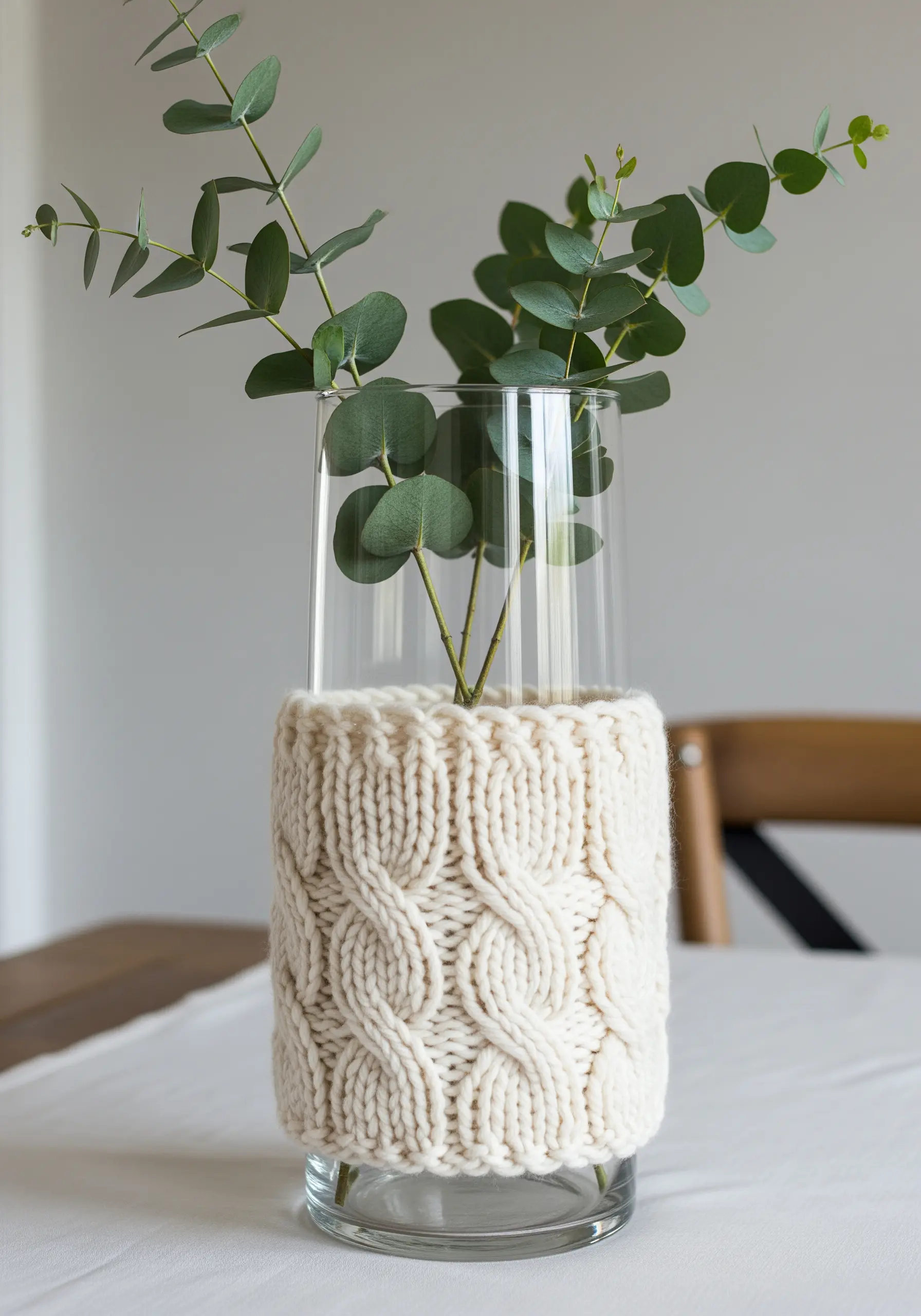 A glass vase wrapped in a cozy, chunky, cream-colored cable-knit sleeve.