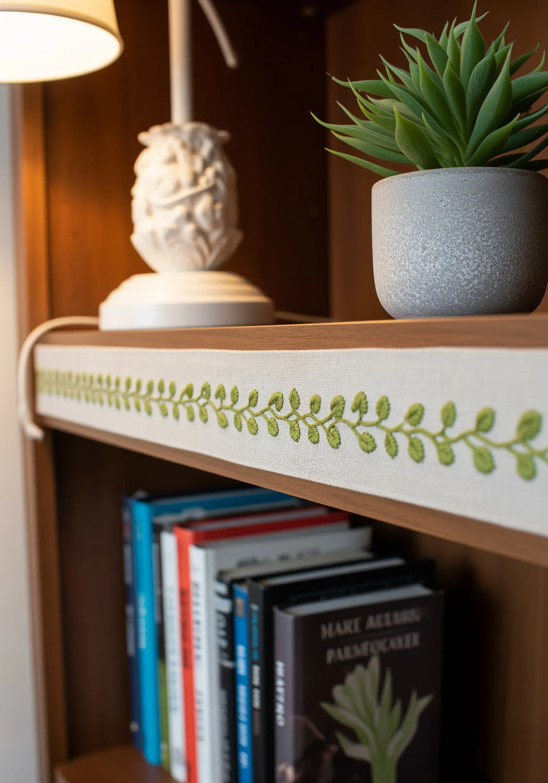 A green vine pattern embroidered on a fabric strip lining a bookshelf edge.