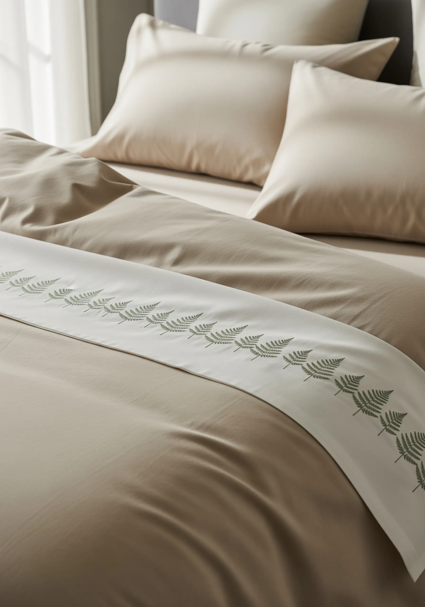 Beige and white bedding with a delicate embroidered border of green fern leaves.
