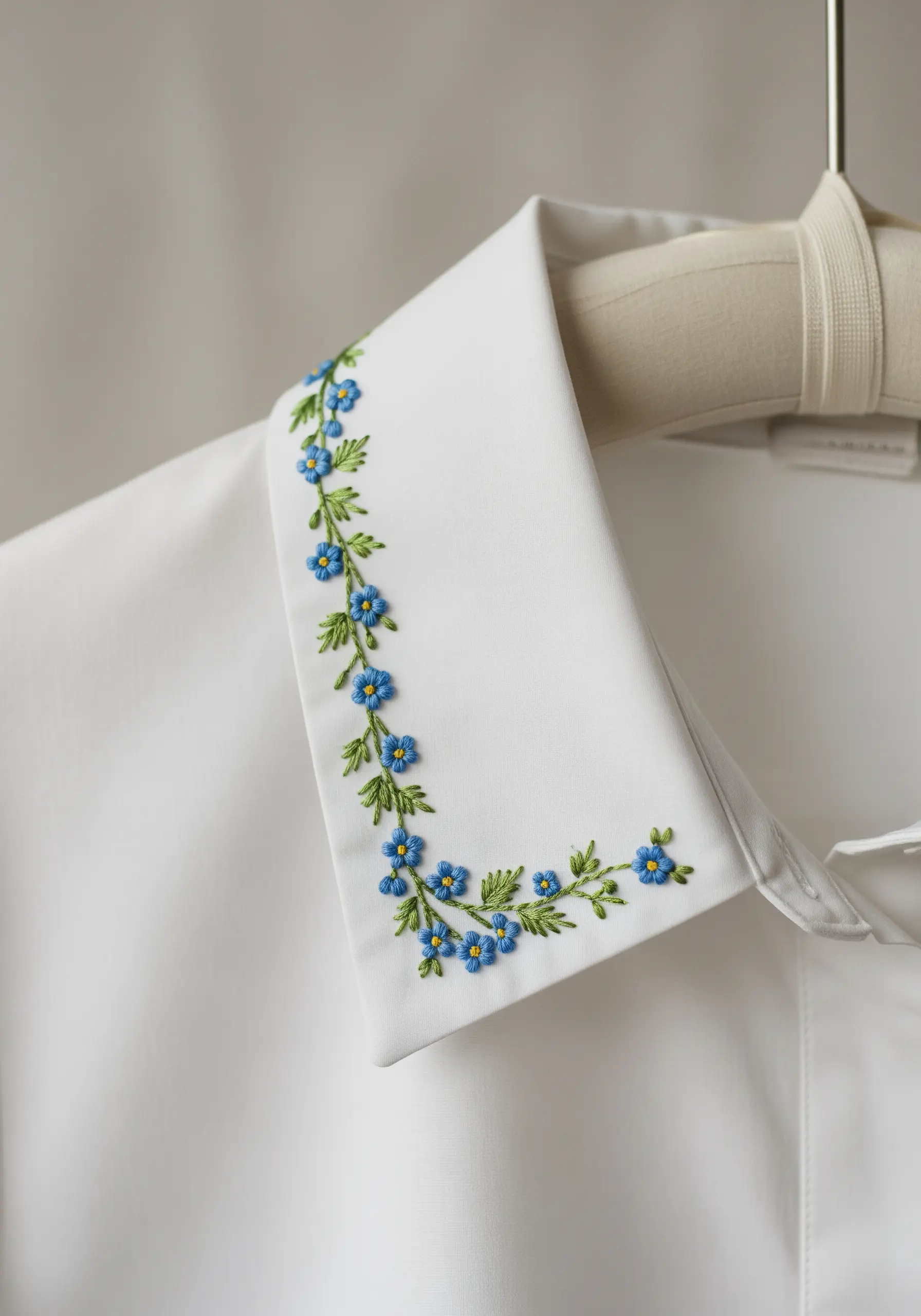 A crisp white shirt collar embellished with a delicate vine of tiny blue flowers.