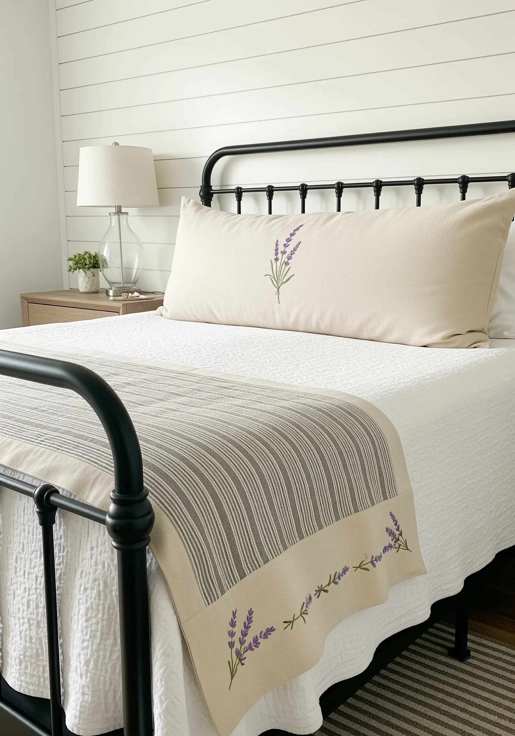 Minimalist lavender sprigs embroidered on a long lumbar pillow and matching bed runner.
