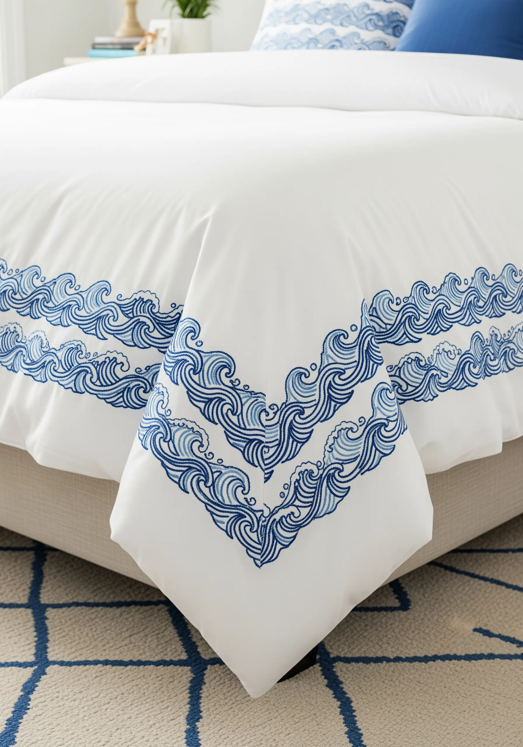 The corner of a white duvet cover featuring a detailed, embroidered border of stylized blue waves.