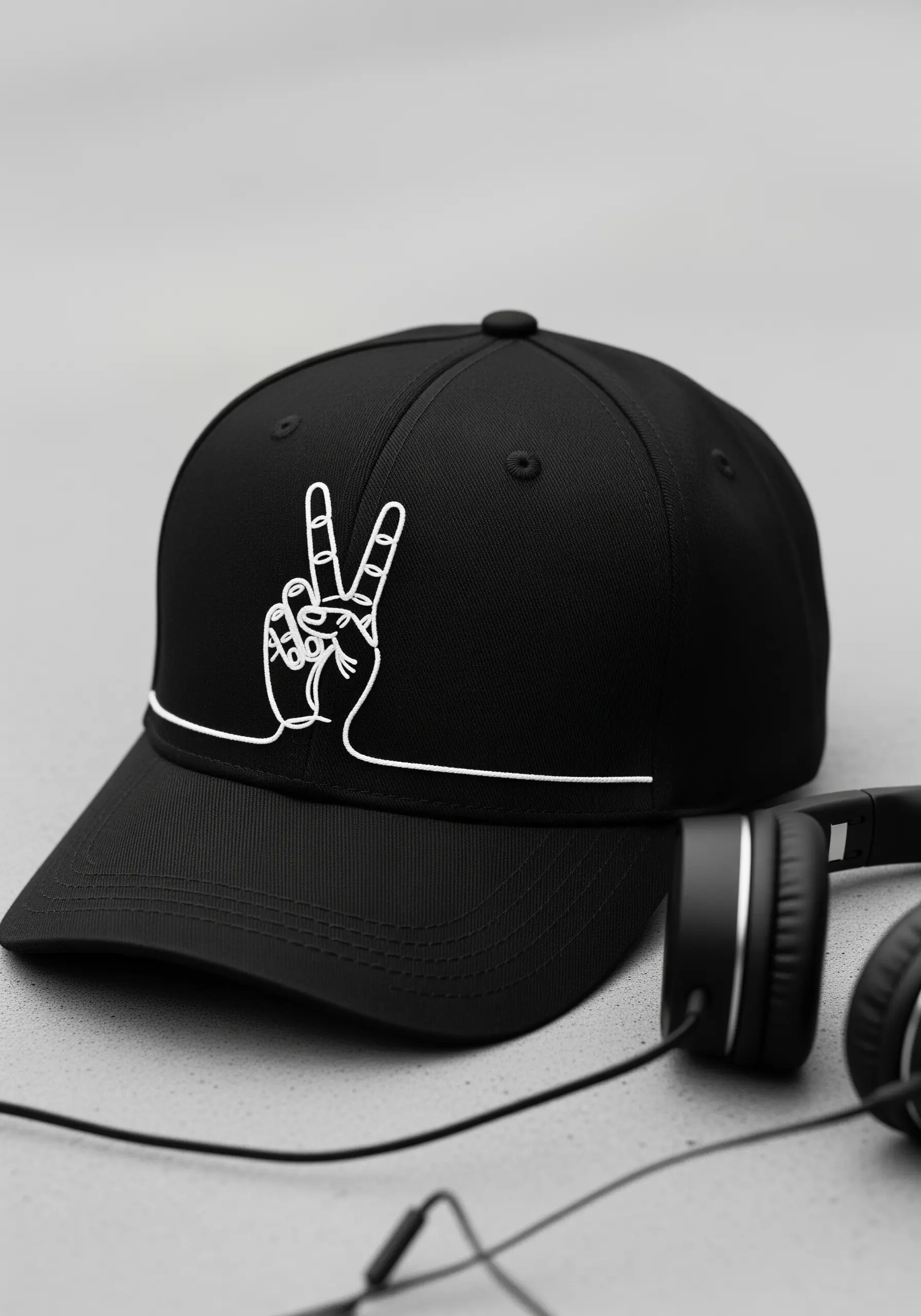 A continuous line art peace sign hand embroidered in white on a black baseball cap.
