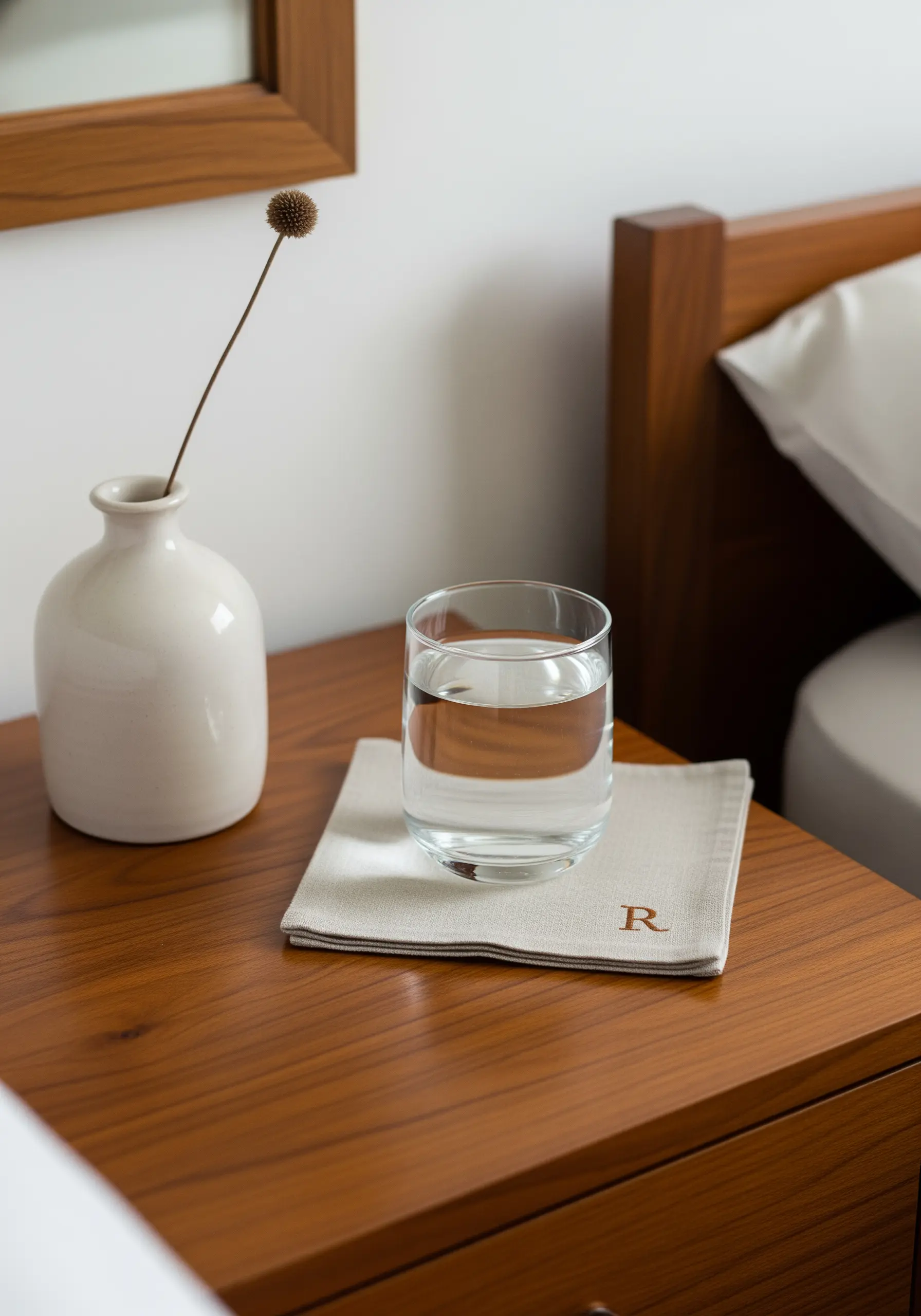 A tiny, minimalist initial 'R' stitched on the corner of a neutral linen coaster.