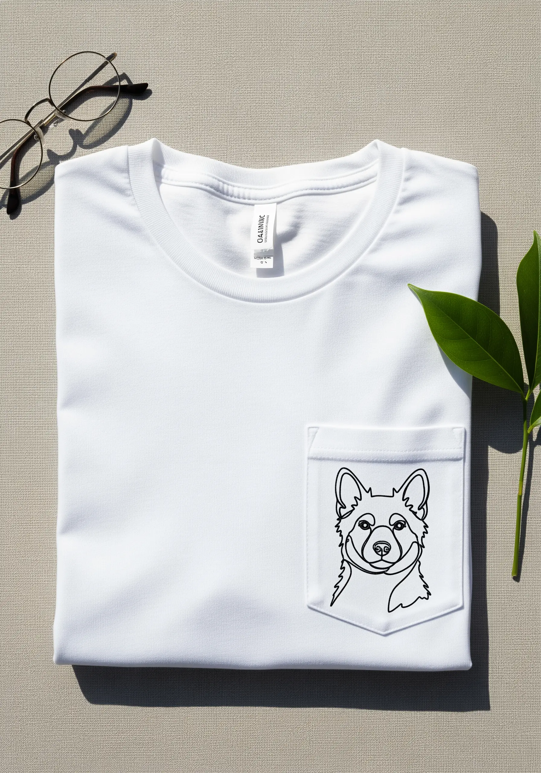Minimalist line art embroidery of a dog's face on the pocket of a white t-shirt.